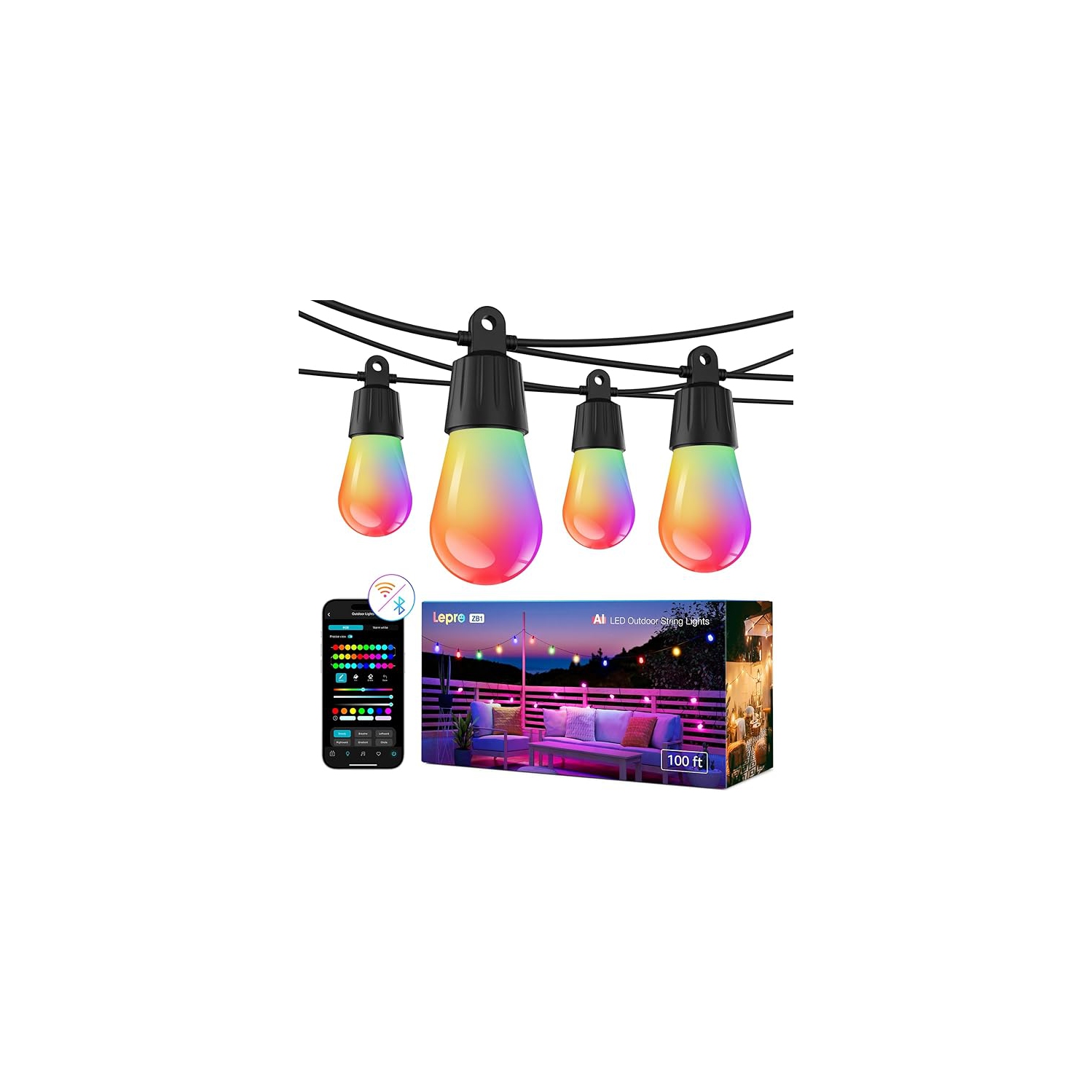 Lepro ZB1 AI Smart String Lights APP Control, 100ft RGB+IC+Warm White Patio Lights 30 LED Bulbs, Alexa Google Enabled Outdoor Lights, AI Generated Lighting LLM