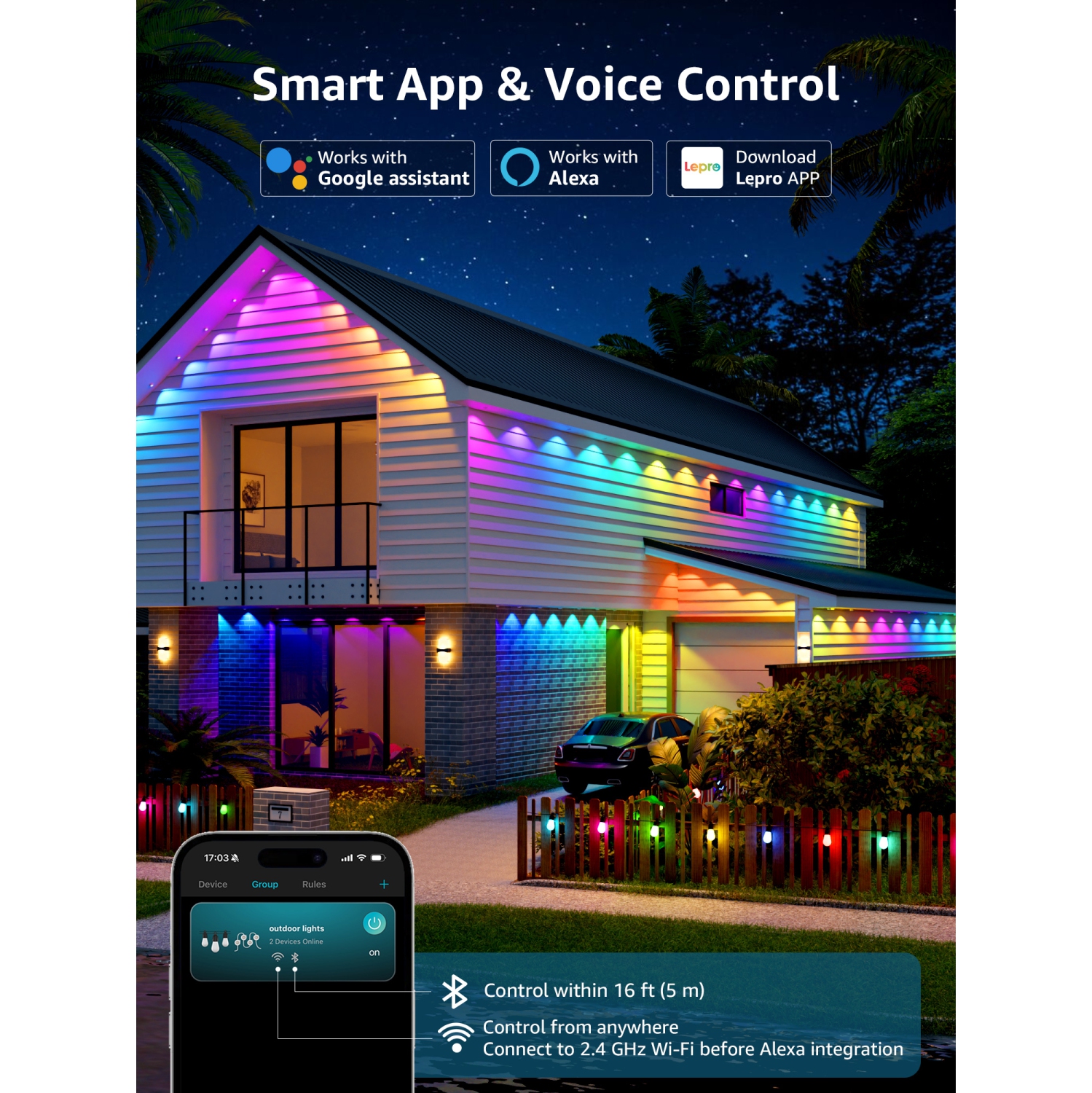 Lepro E1 AI Permanent Outdoor Lights APP Control, 100ft RGB+IC Smart Eaves Lights with 60 Warm/Cool White LED, Alexa Google Enabled Outdoor Lights