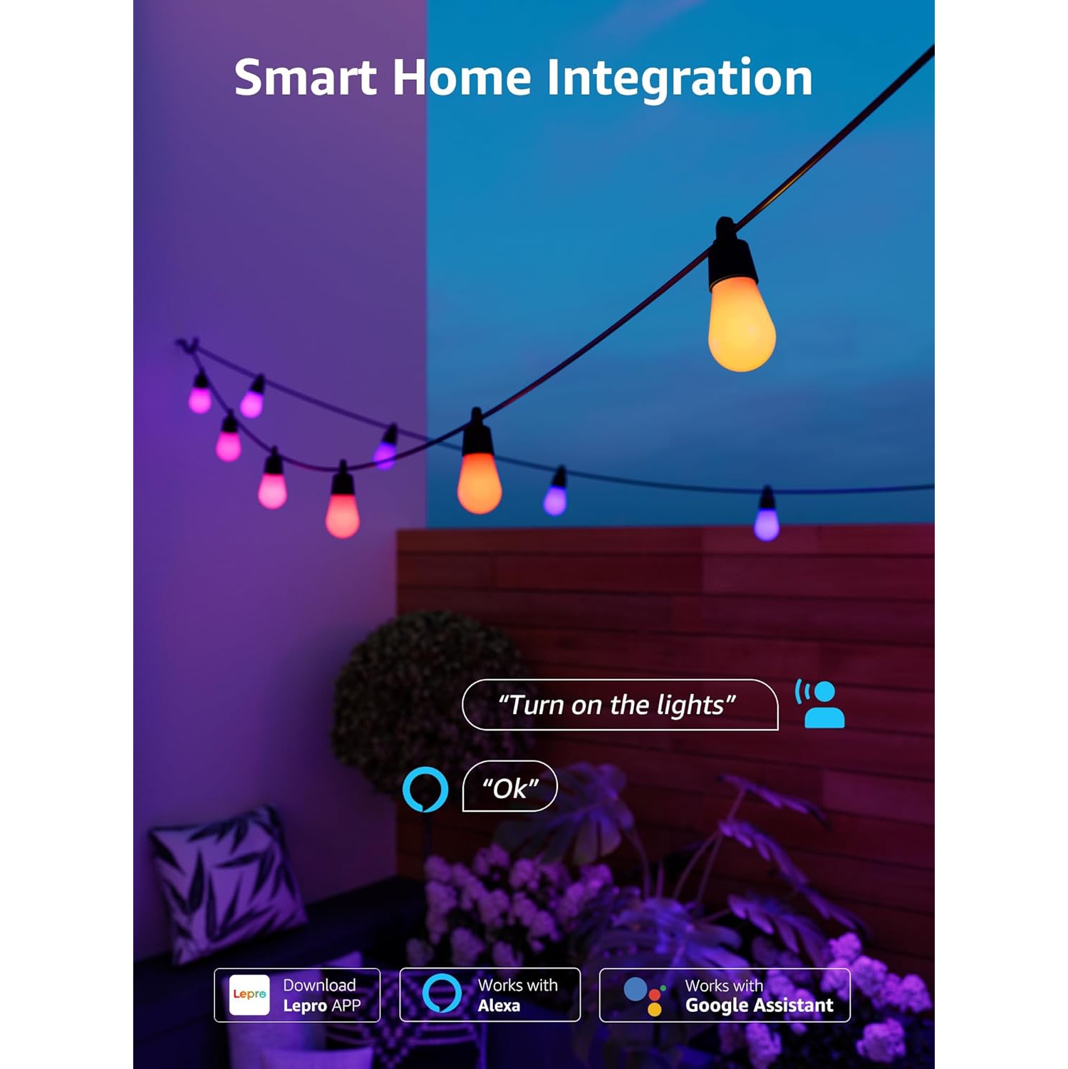 Lepro ZB1 AI Smart String Lights APP Control, 54ft RGB+IC+Warm White Patio Lights 15 LED Bulbs, Alexa Google Enabled Outdoor Lights