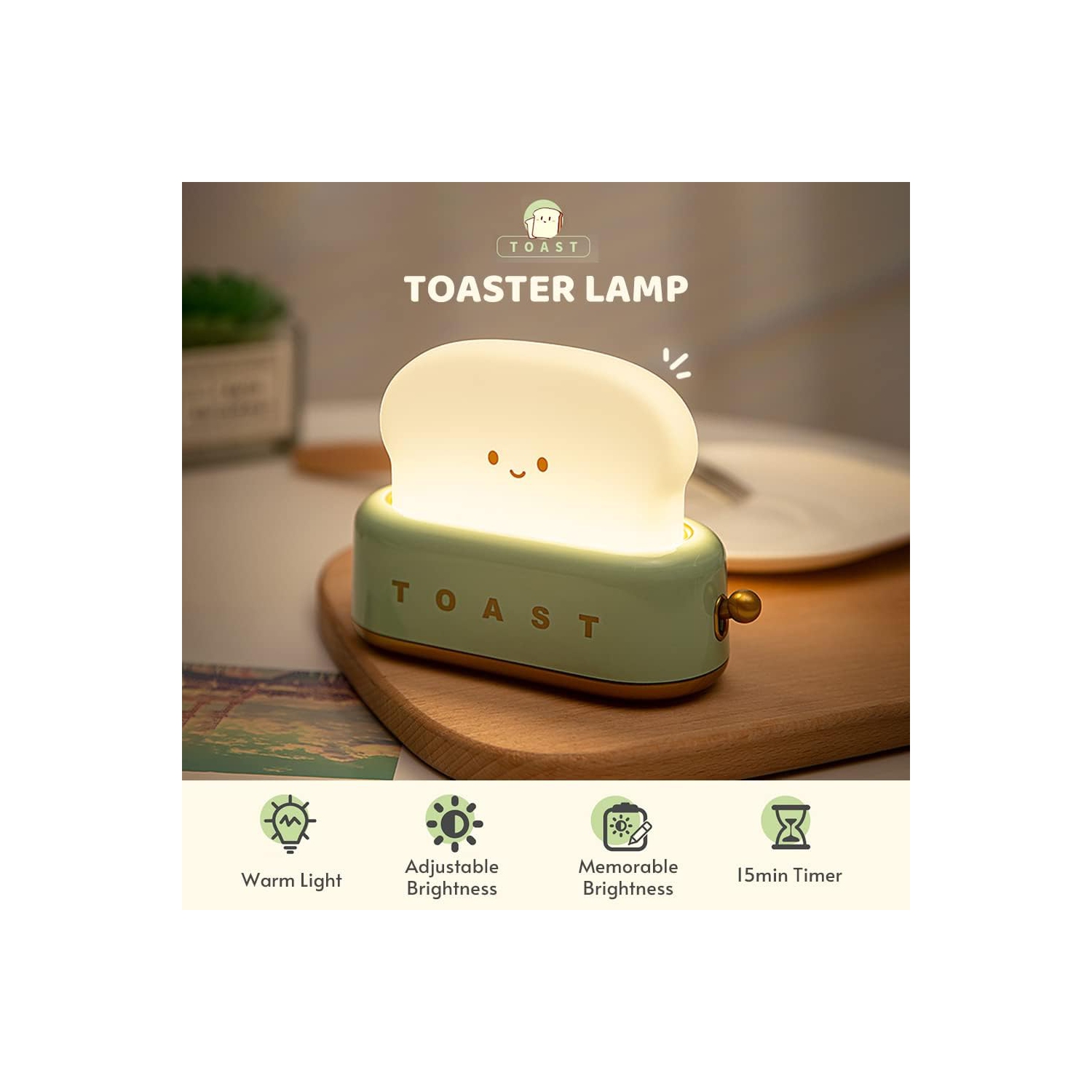 Green toaster Night Light - Rechargeable, Dimmable & Timer, 800mAh Battery, Cute Smile Design for Nursery/Bedroom/Decor