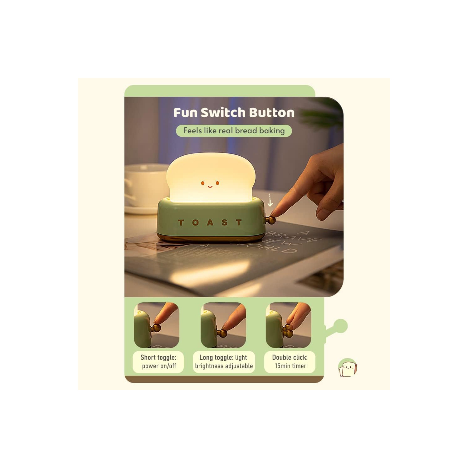Green toaster Night Light - Rechargeable, Dimmable & Timer, 800mAh Battery, Cute Smile Design for Nursery/Bedroom/Decor