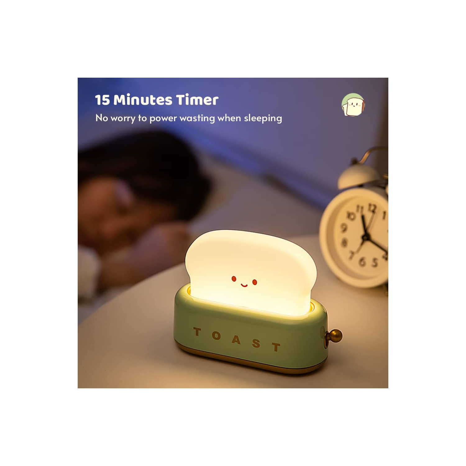 Green toaster Night Light - Rechargeable, Dimmable & Timer, 800mAh Battery, Cute Smile Design for Nursery/Bedroom/Decor