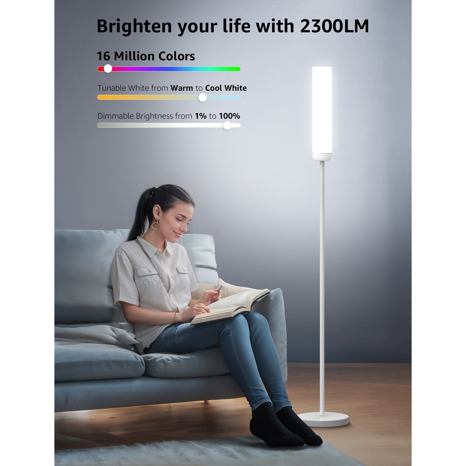 Lampadaire O1 AI de Lepro, lampe intelligente RGBICWW de 2300 lumens, lampe d'angle compatible avec Alexa/Google, contrôle PAR APPLICATION Wi-Fi,