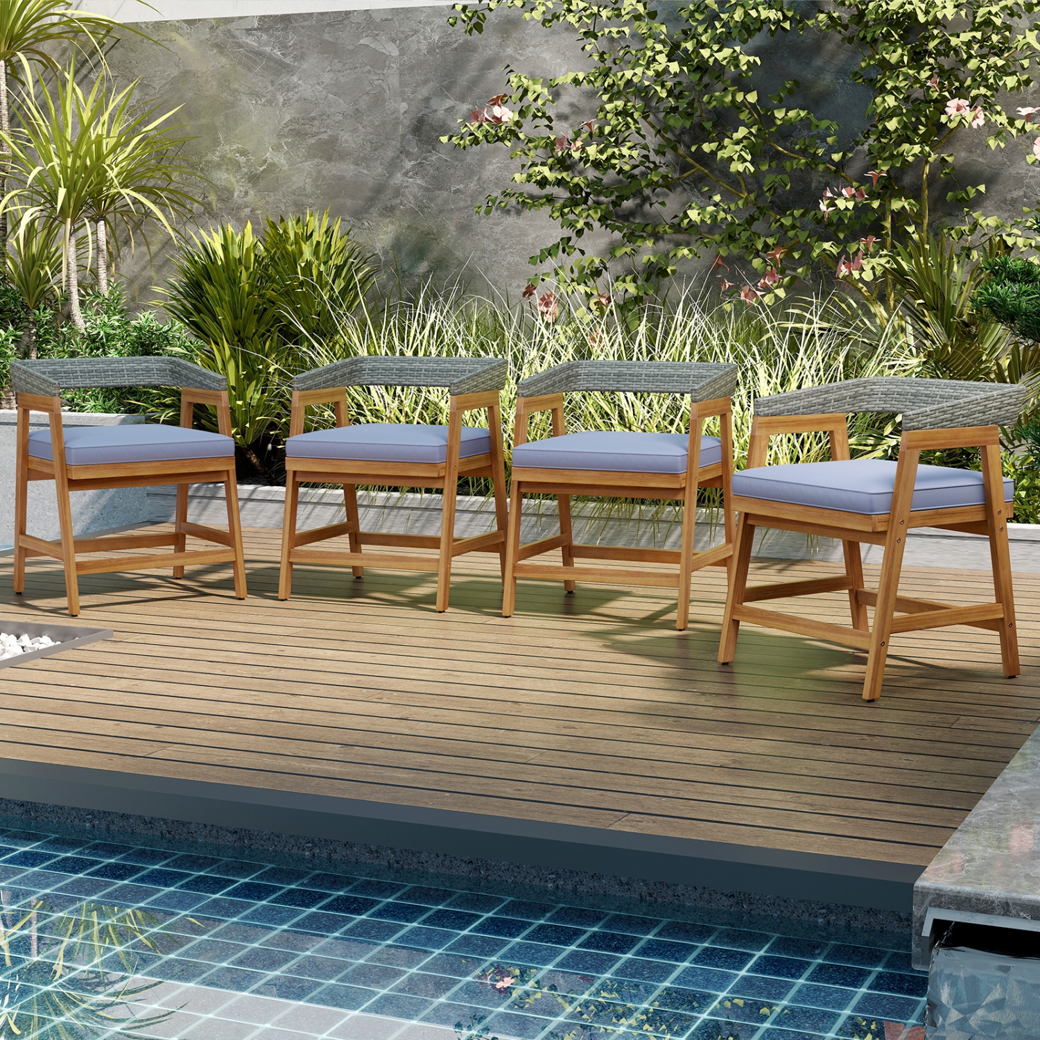 Costway Patio Chairs Set of 4 Outdoor Acacia Wood Dining Chairs with Cushions for Garden