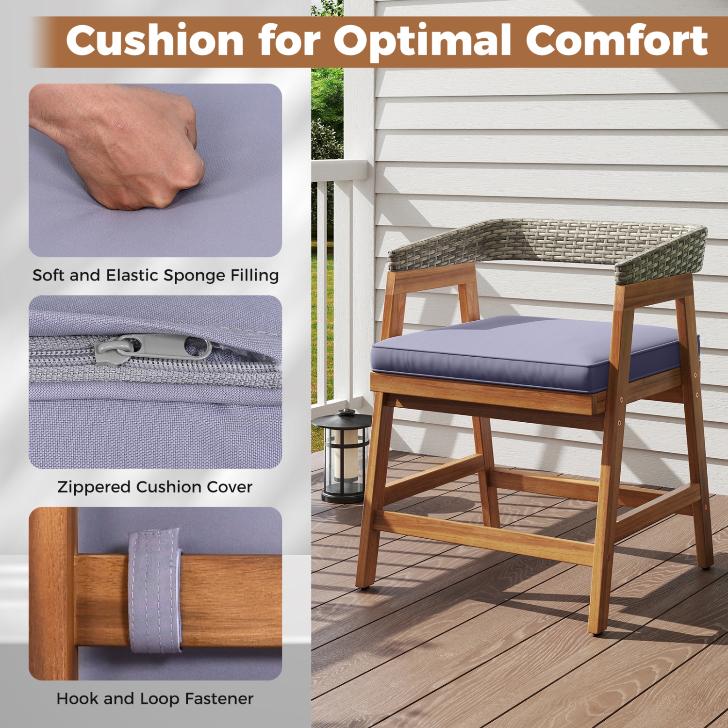 Costway Patio Chairs Set of 4 Outdoor Acacia Wood Dining Chairs with Cushions for Garden