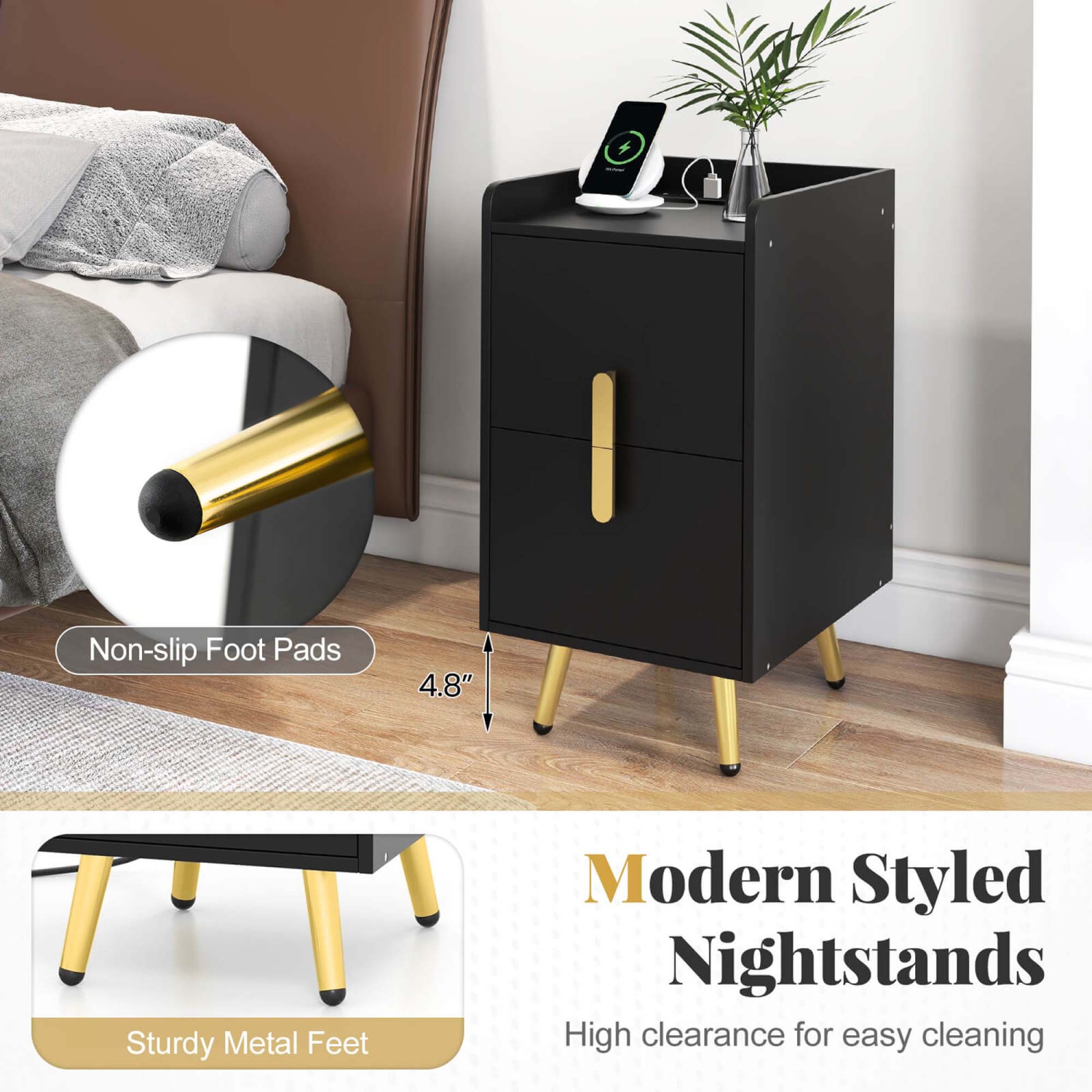 Costway Nightstand with Charging Station Home Bedside Sofa Side Tables with 2 Drawers Coffee/White