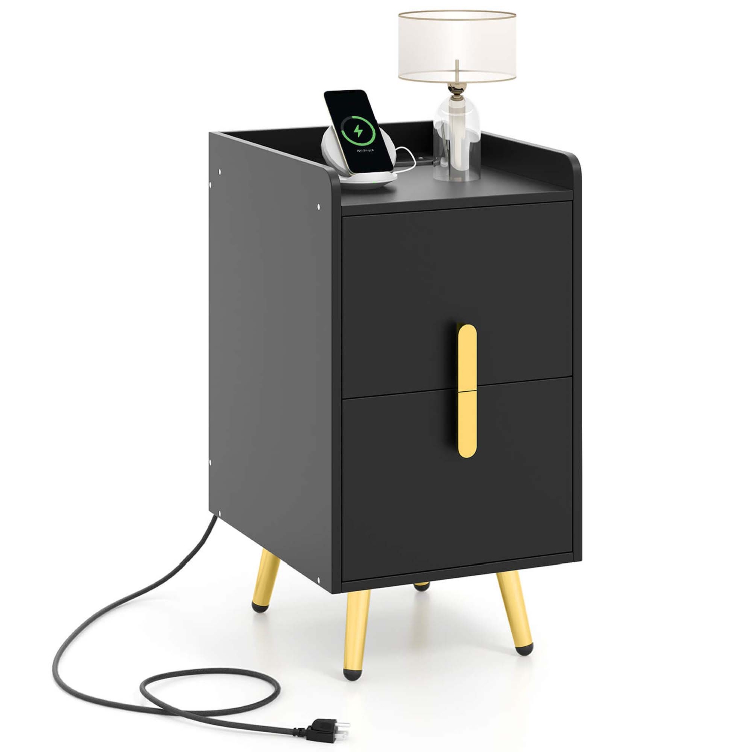 Costway Nightstand with Charging Station Home Bedside Sofa Side Tables with 2 Drawers Coffee/White