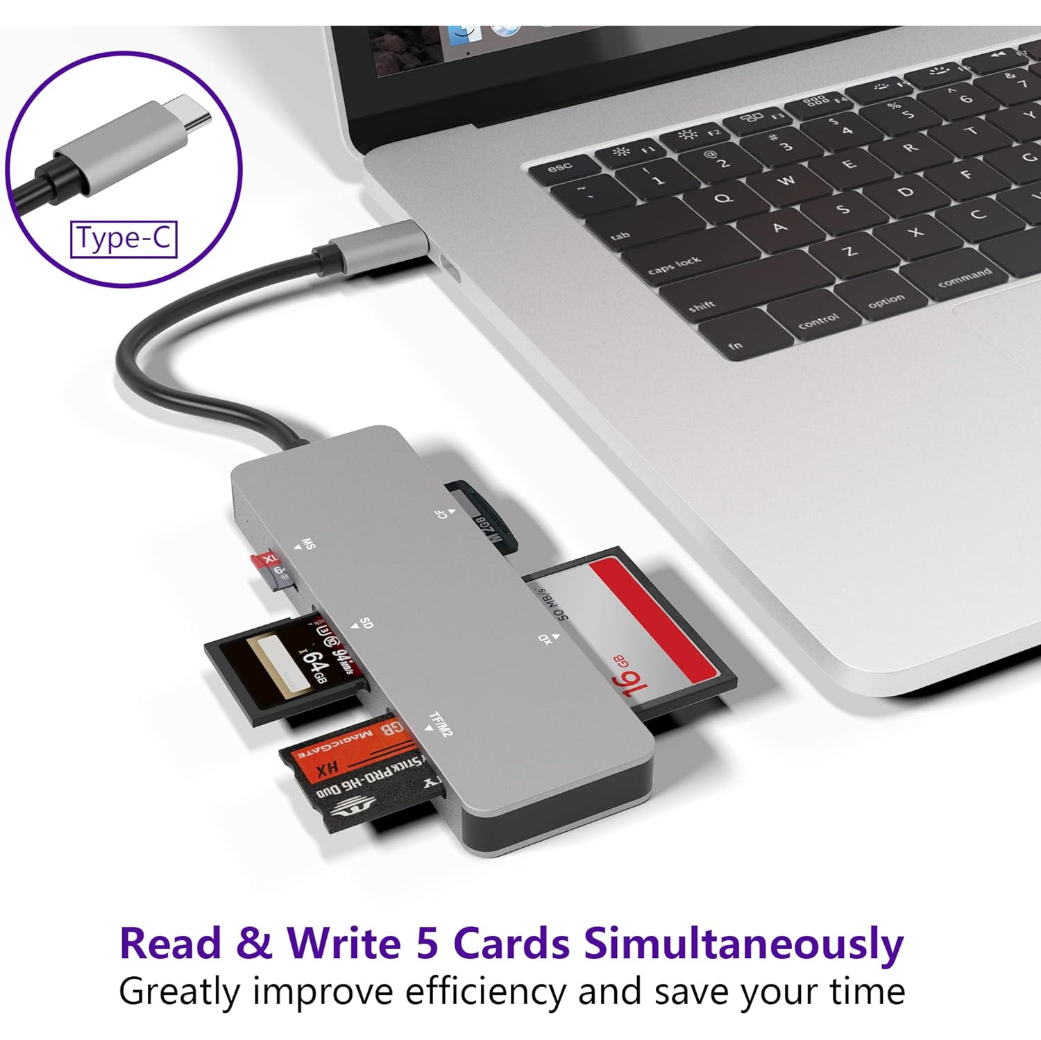 Lecteur de cartes photo USB-C XD Pro de Rytaki - TF/SD/MS/M2/XD/CF haute vitesse 6-en-1, compatible avec les cartes XD d'Olympus et de Fujifilm, taux