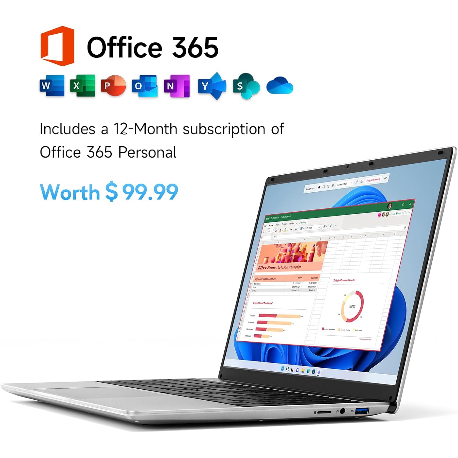 jumper EZbook S7Hi 15.6 Inch Laptop - 4GB RAM, 128GB Storage, Intel 5205U Processor, Windows 11, Office 365 for Business and Students