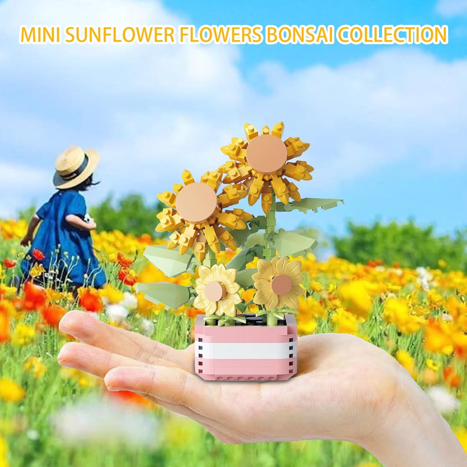 Sunflower building block set, DIY mini building blocks artificial flower bonsai building block toy set, suitable for room decoration, Christmas
