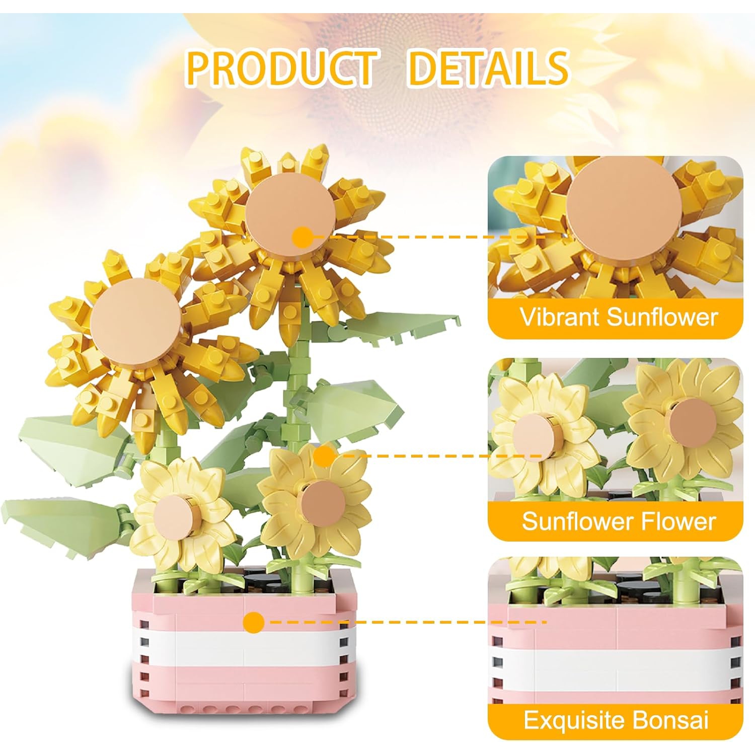 Sunflower building block set, DIY mini building blocks artificial flower bonsai building block toy set, suitable for room decoration, Christmas