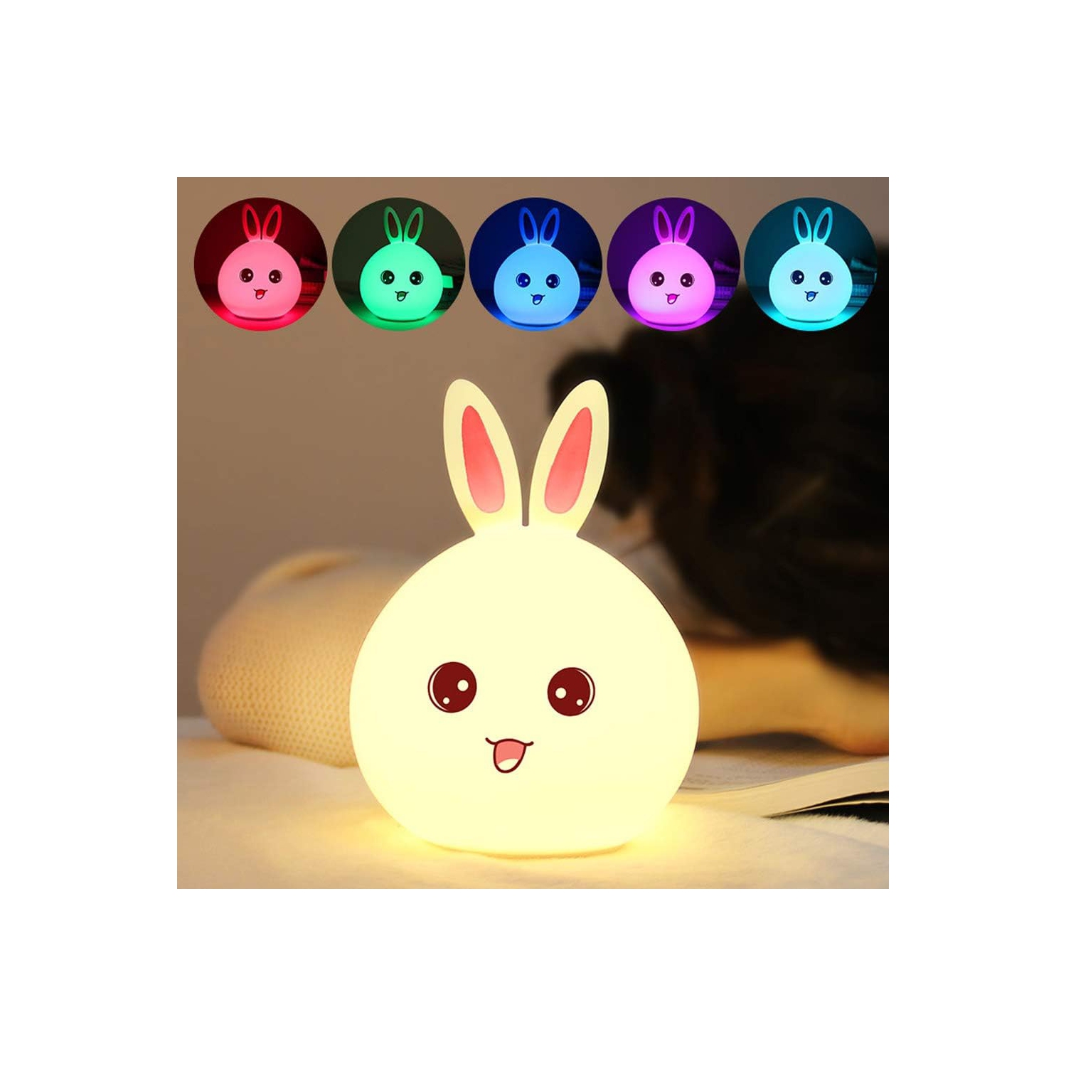 Lampe lapin, veilleuse LED lapin, veilleuse pour enfants, veilleuse pour bébé, lampe à capteur tactile USB en silicone à commande tactile