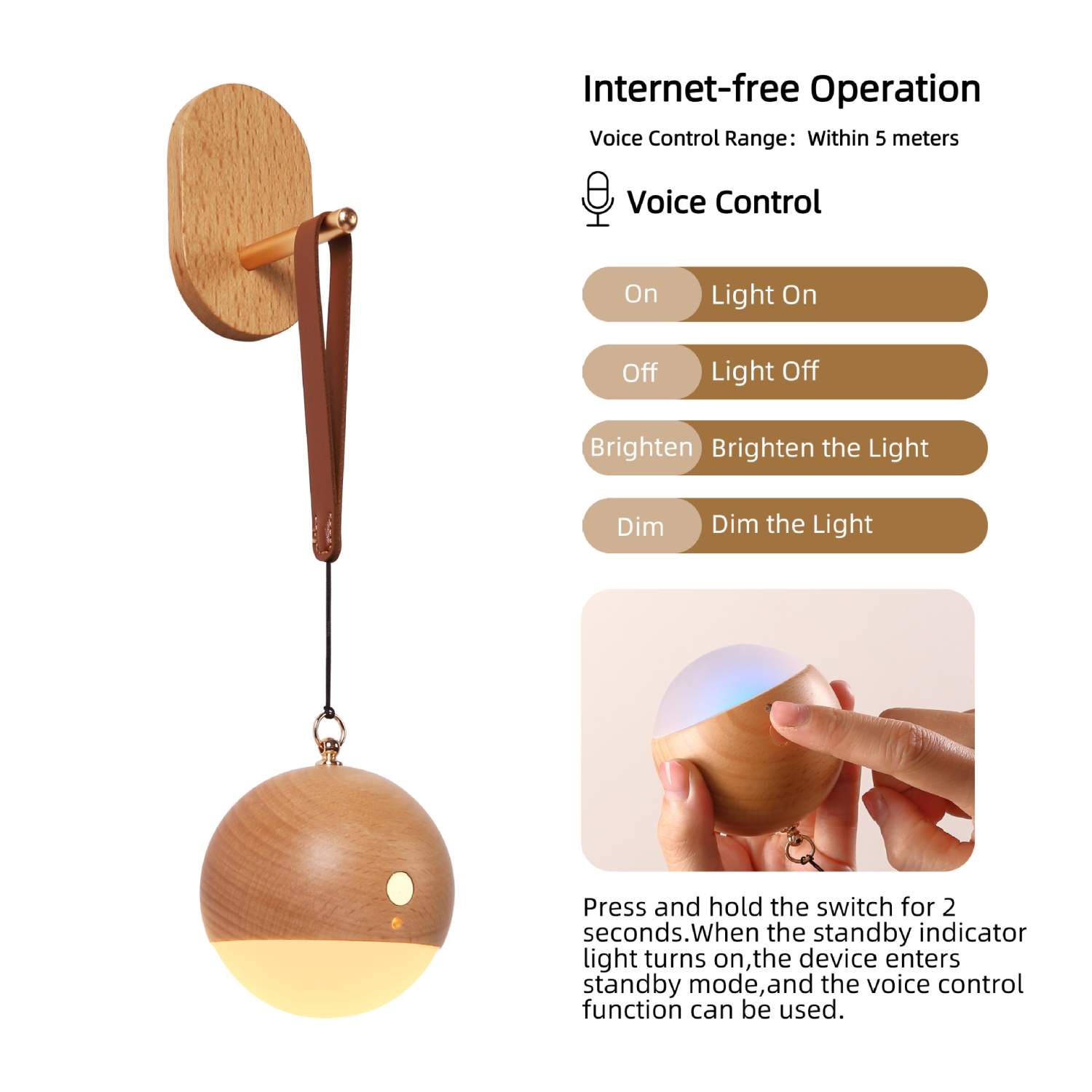 Smart voice-controlled wooden lamp - portable, USB charging, three levels of brightness, wall lamp/bedside pendant lamp
