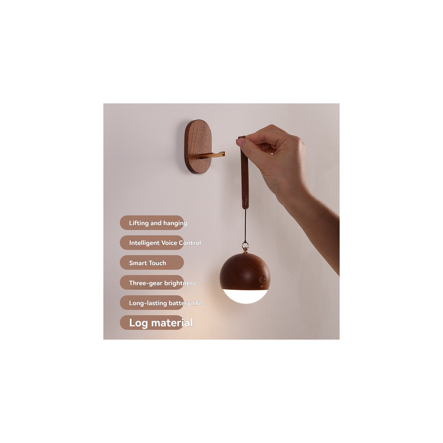 Smart voice-controlled wooden lamp - portable, USB charging, three levels of brightness, wall lamp/bedside pendant lamp