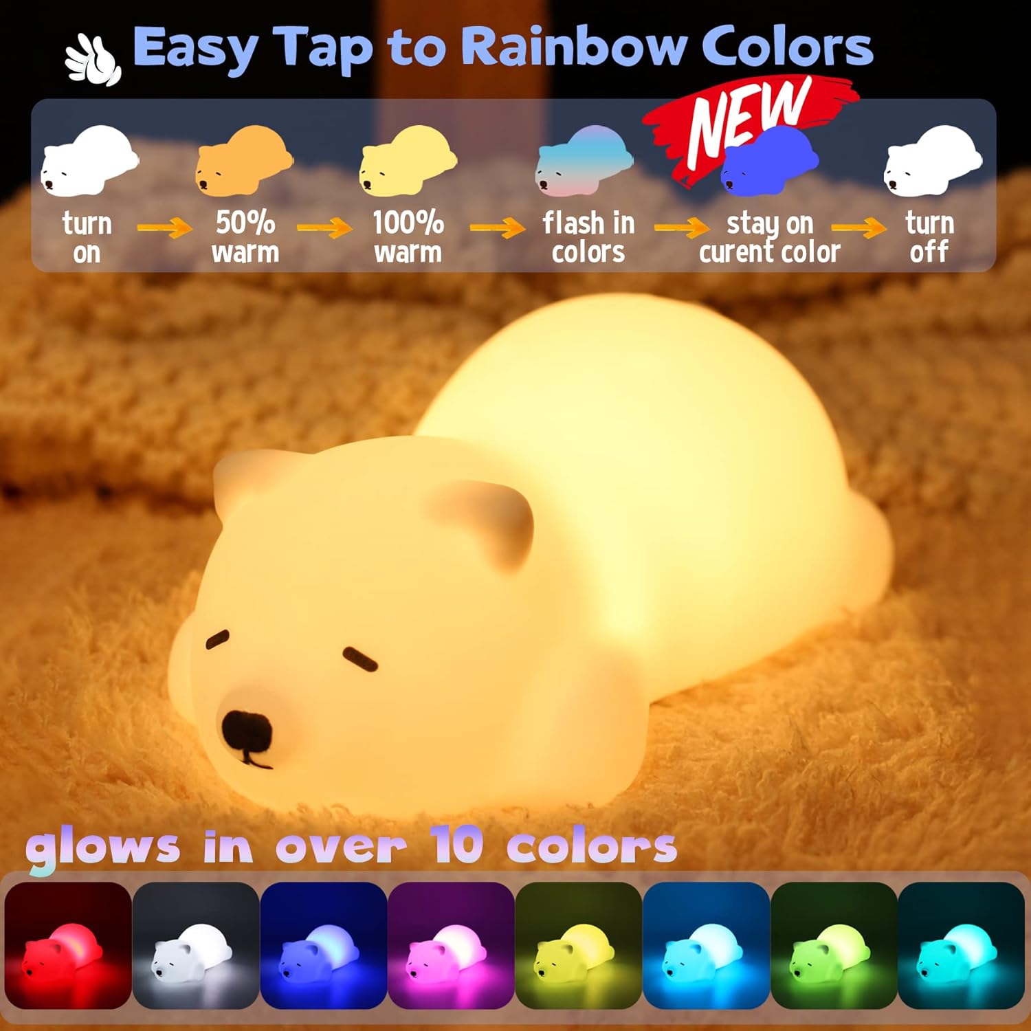 Papa Bear Baby Night Light - Colorful color change, soft light, portable, eye protection, relieve fear of darkness, easy to carry, silicone pat night