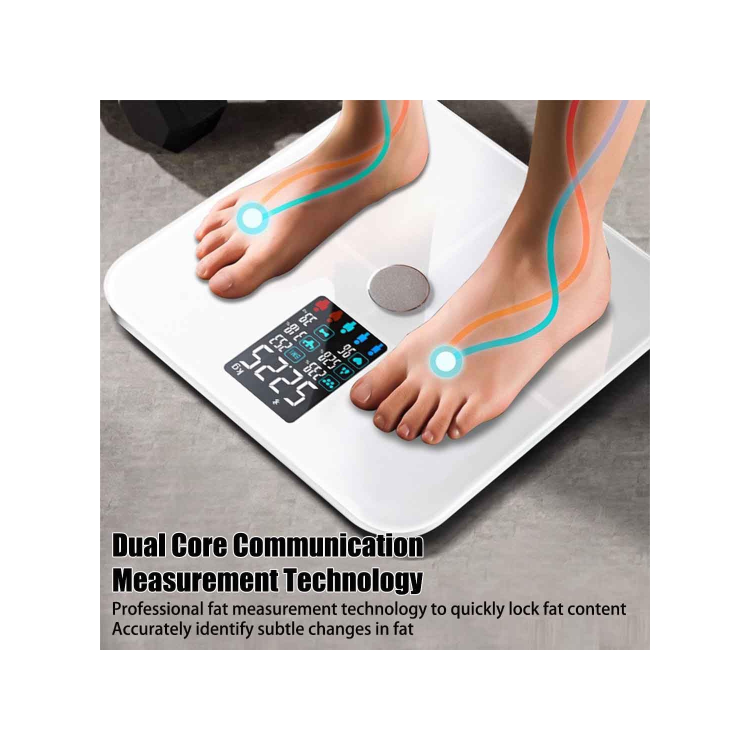 Pèse-personne numérique avec pèse-personne intelligent pour la maison – Mesure le gras, l'eau, la fréquence cardiaque, le verre trempé et antidérapant