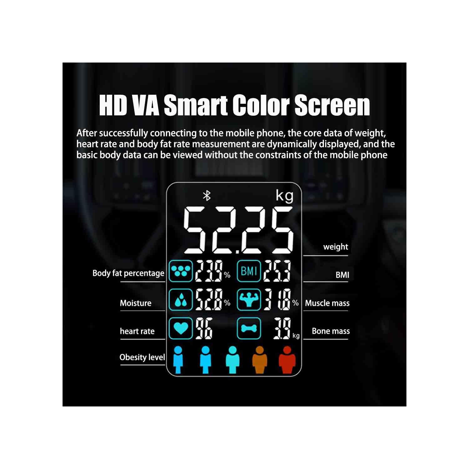 Pèse-personne numérique avec pèse-personne intelligent pour la maison – Mesure le gras, l'eau, la fréquence cardiaque, le verre trempé et antidérapant