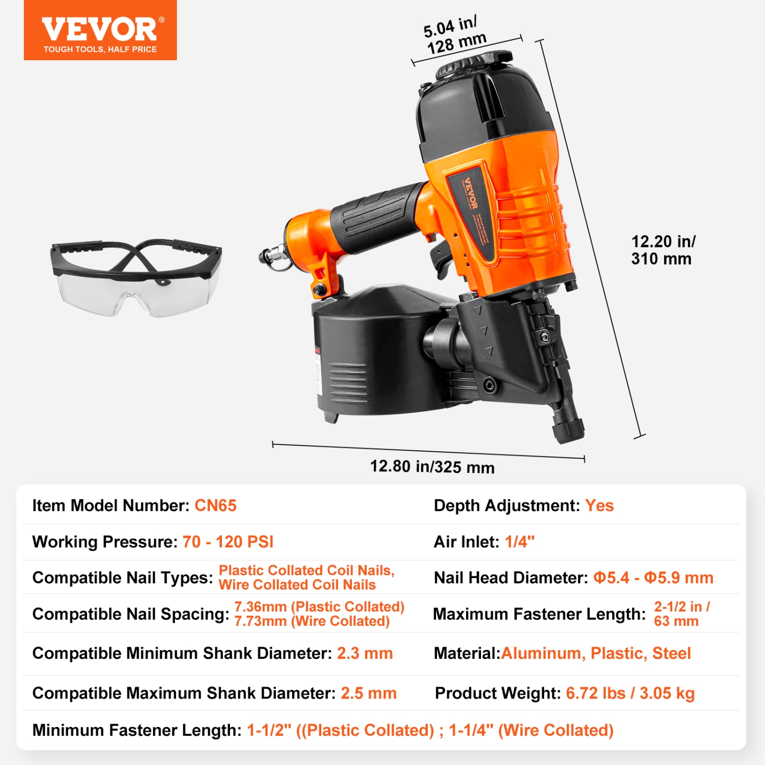 VEVOR CN65 Coil Siding Nailer,1-1/4" to 2-1/2" 15 Degree Pneumatic Siding Nail Gun with Tool-Less Depth Adjustment,70-120PSI for Siding,Pallet