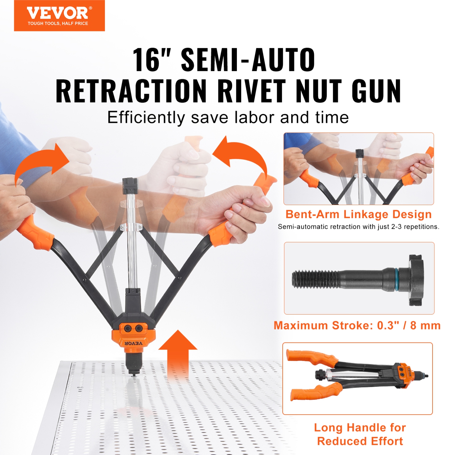 VEVOR 16 inch Rivnut Tool Kit with 13PCS Metric and SAE Mandrels,186PCS Rivet Nuts,Semi-auto Retraction, M3, M4, M5, M6, M8, M10, M12, 1/4-20,