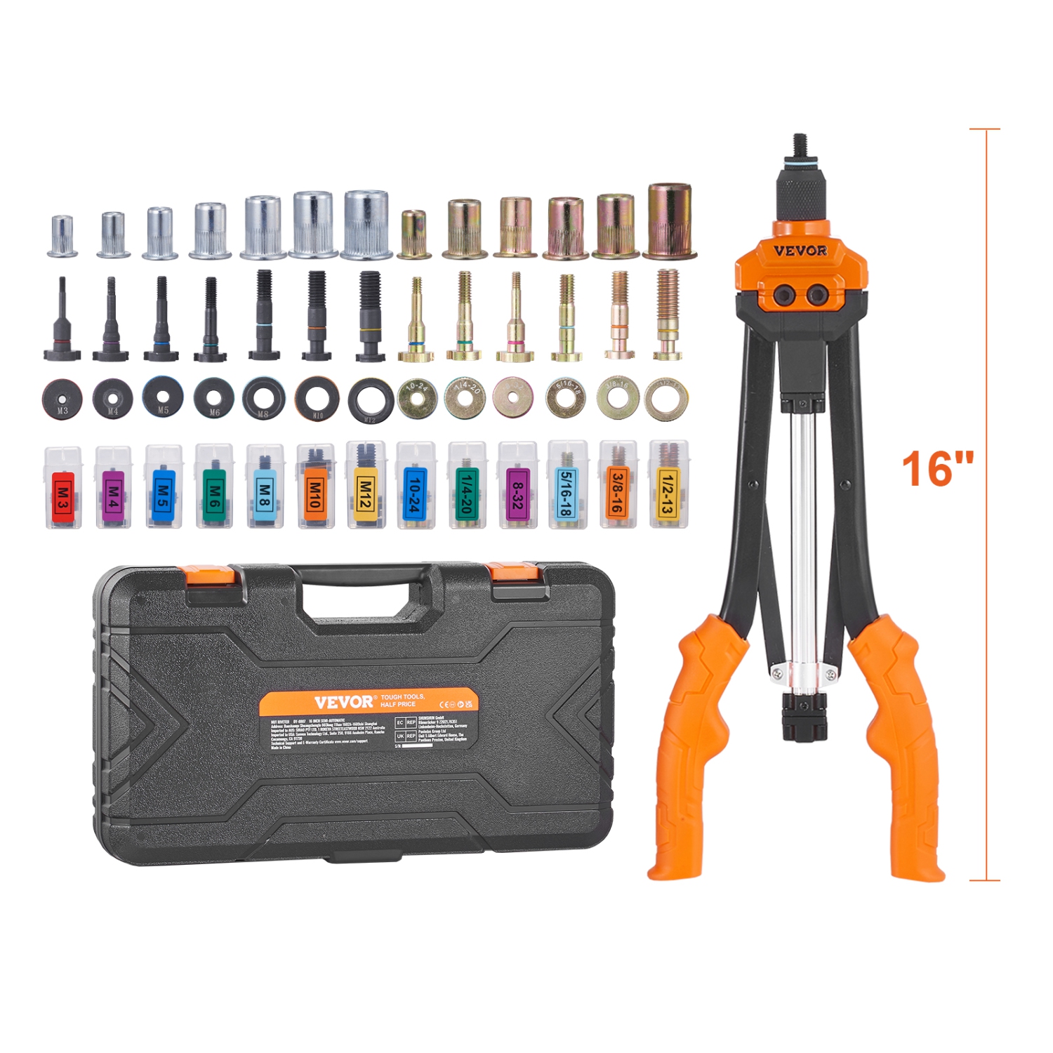 VEVOR 16 inch Rivnut Tool Kit with 13PCS Metric and SAE Mandrels,186PCS Rivet Nuts,Semi-auto Retraction, M3, M4, M5, M6, M8, M10, M12, 1/4-20,