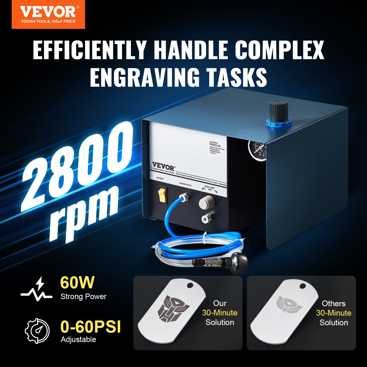 VEVOR 2800 RPM Pneumatic Jewelry Engraver,60W Single Head Pneumatic Hand Engraving Machine, DIY Impact Engraver with Foot Pedal 0-60 PSI Adjustable,