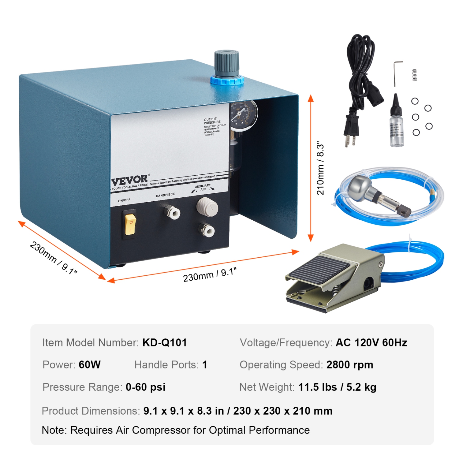 VEVOR 2800 RPM Pneumatic Jewelry Engraver,60W Single Head Pneumatic Hand Engraving Machine, DIY Impact Engraver with Foot Pedal 0-60 PSI Adjustable,