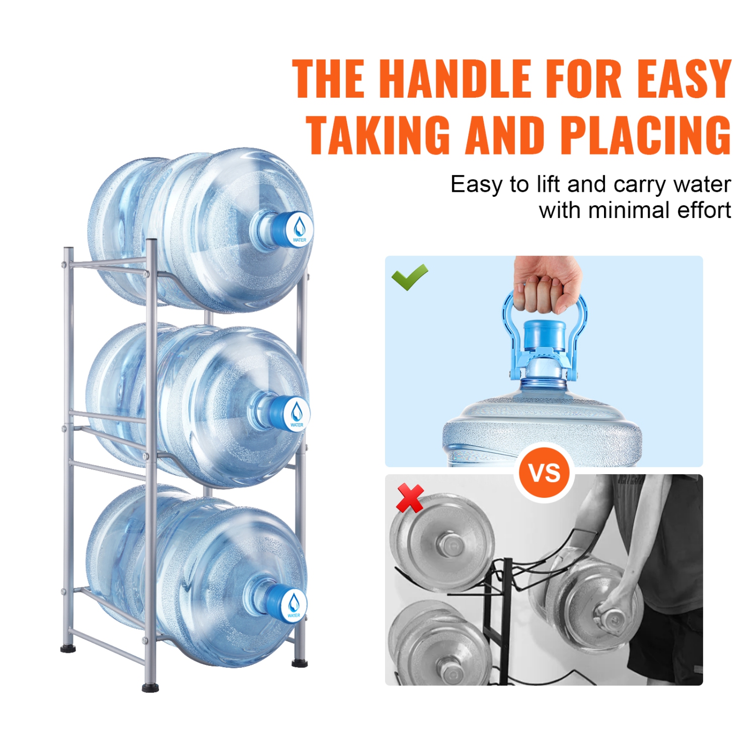 VEVOR 3 Tiers Water Jug Holder, 5 Gallon Water Bottle Holder, Single Row Water Bottle Rack for 3 Bottles, Heavy Duty Water Jug Rack for Kitchen,