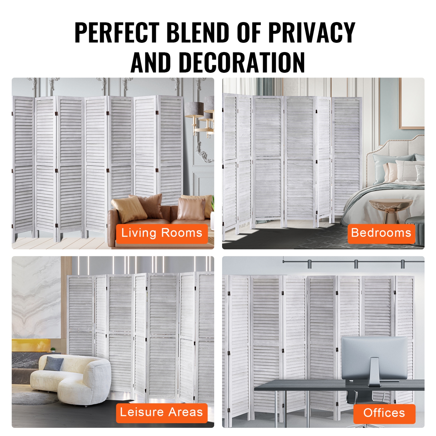 VEVOR 8 Panel Wood Room Divider, Wood Folding Privacy Screen, 66.9 Inches Tall Indoor Louvered Wooden Partition, Portable Decoration Screen, for Room