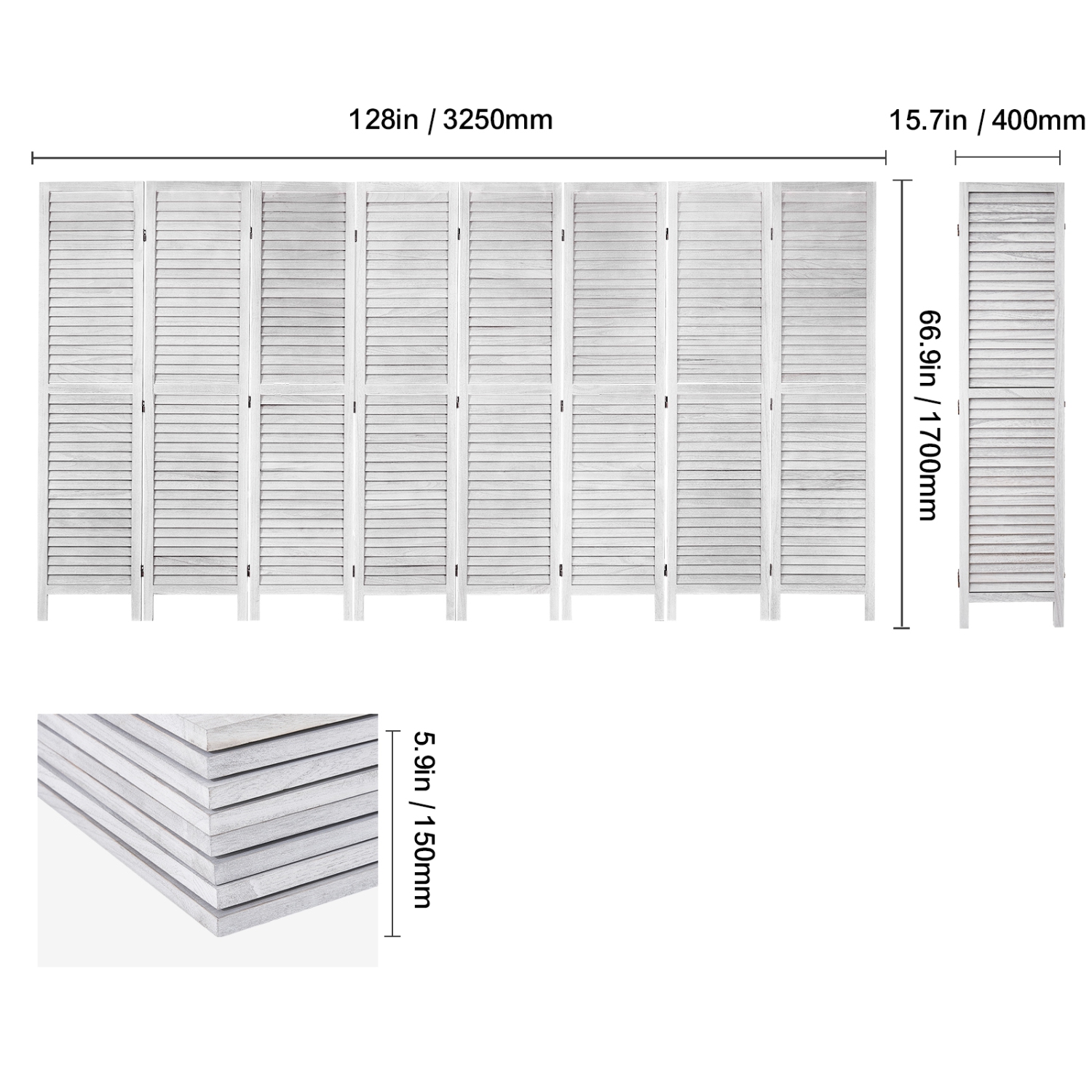 VEVOR 8 Panel Wood Room Divider, Wood Folding Privacy Screen, 66.9 Inches Tall Indoor Louvered Wooden Partition, Portable Decoration Screen, for Room