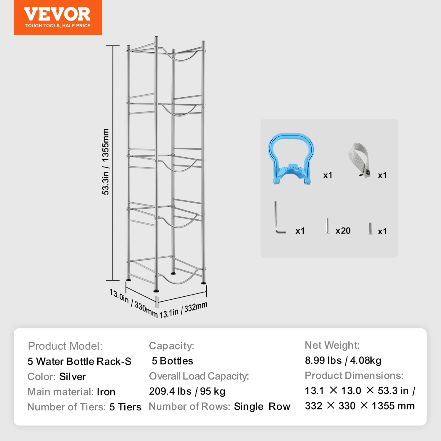 Porte-bouteille VEVOR 5 niveaux, porte-bouteille d'eau de 5 gallons, porte-bouteille à une rangée pour 5 bouteilles, support robuste pour bidon d'eau