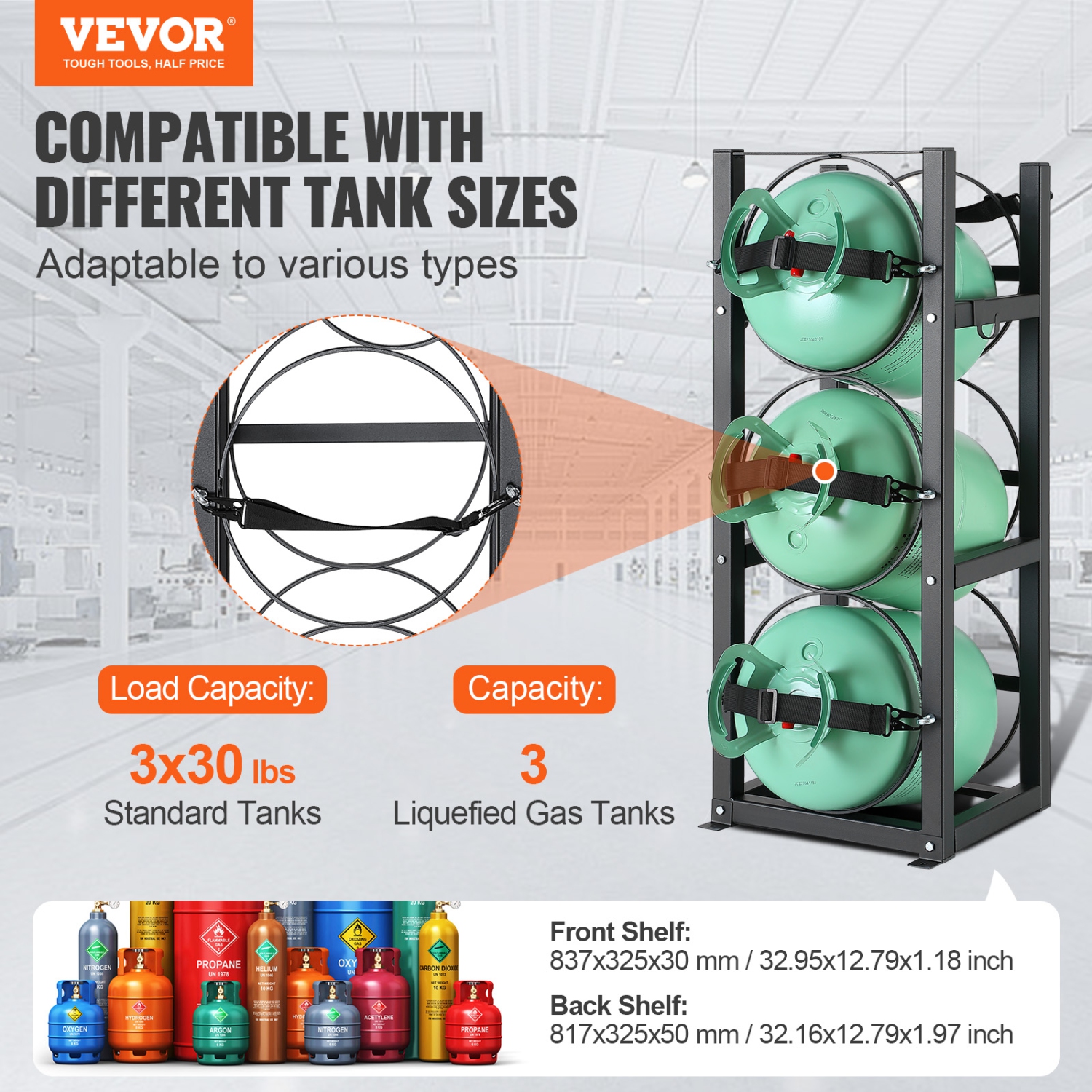 VEVOR 12.79x12.99x33.07 in Refrigerant Tank Rack, with 3 x 30lbs Bottle Tanks, Cylinder Tank Rack, Refrigerant Cylinder Rack Gas Cylinder Racks and