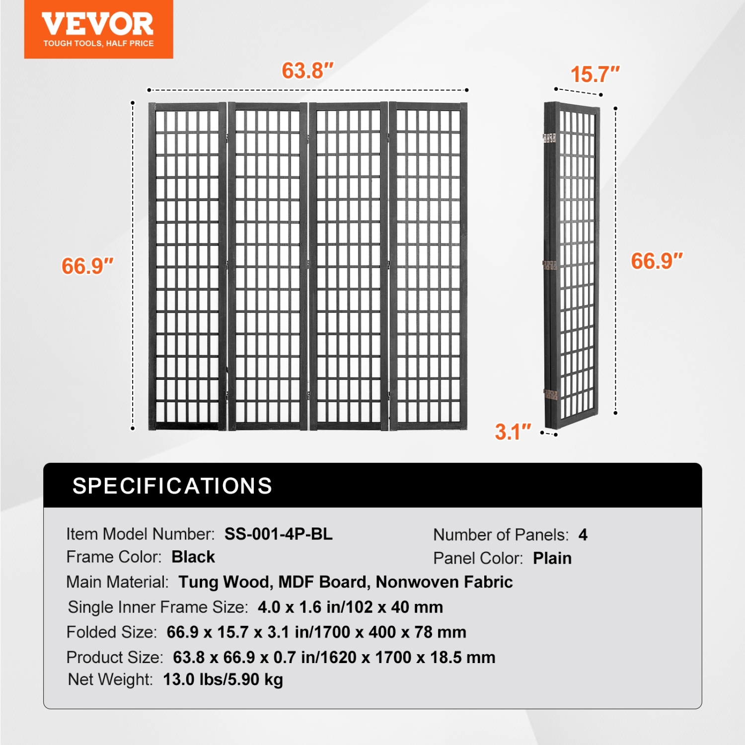VEVOR 4 Panel Room Divider, Japanese Room Divider, Wood Folding Privacy Screen Indoor, Japanese Partition Dividers Portable Decoration Screens, for