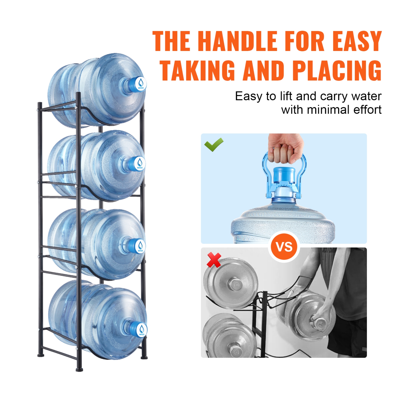VEVOR 4 Tiers Water Jug Holder, 5 Gallon Water Bottle Holder, Single Row Water Bottle Rack for 4 Bottles, Heavy Duty Water Jug Rack for Kitchen,