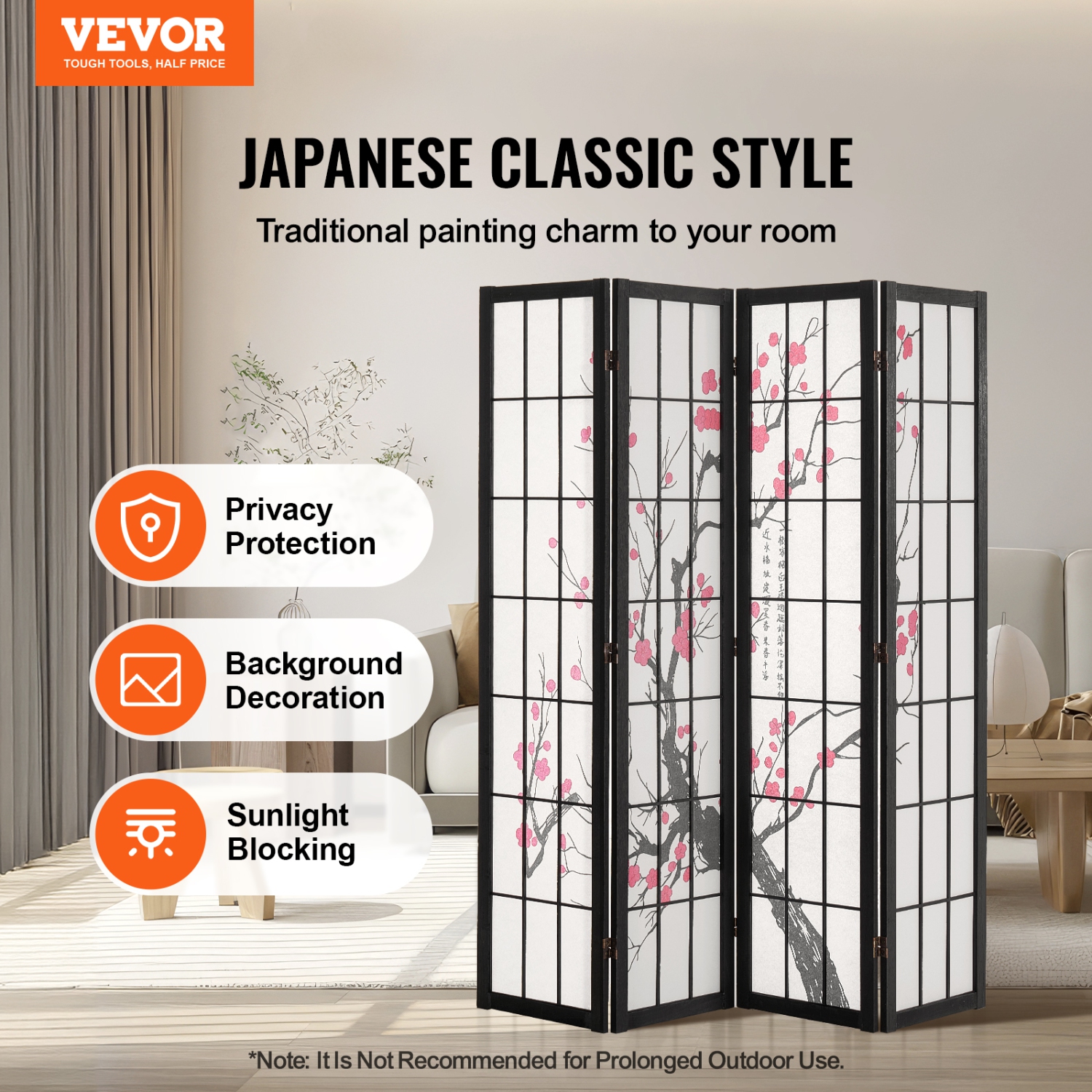 VEVOR 4 Panel Room Divider, Japanese Room Divider Screen, Wood Folding Privacy Screen Indoor, Japanese Partition Portable Decoration Dividers, for