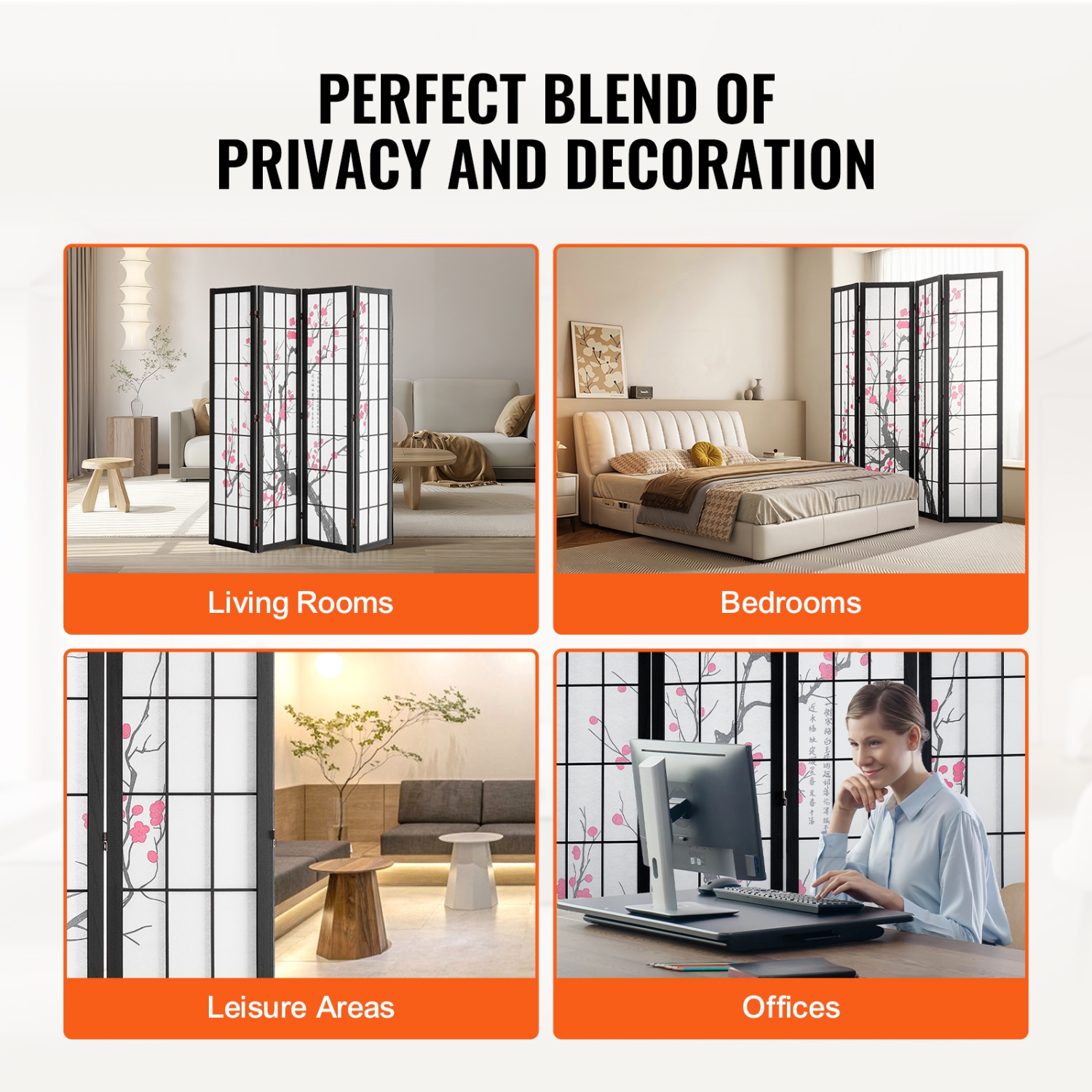 VEVOR 4 Panel Room Divider, Japanese Room Divider Screen, Wood Folding Privacy Screen Indoor, Japanese Partition Portable Decoration Dividers, for