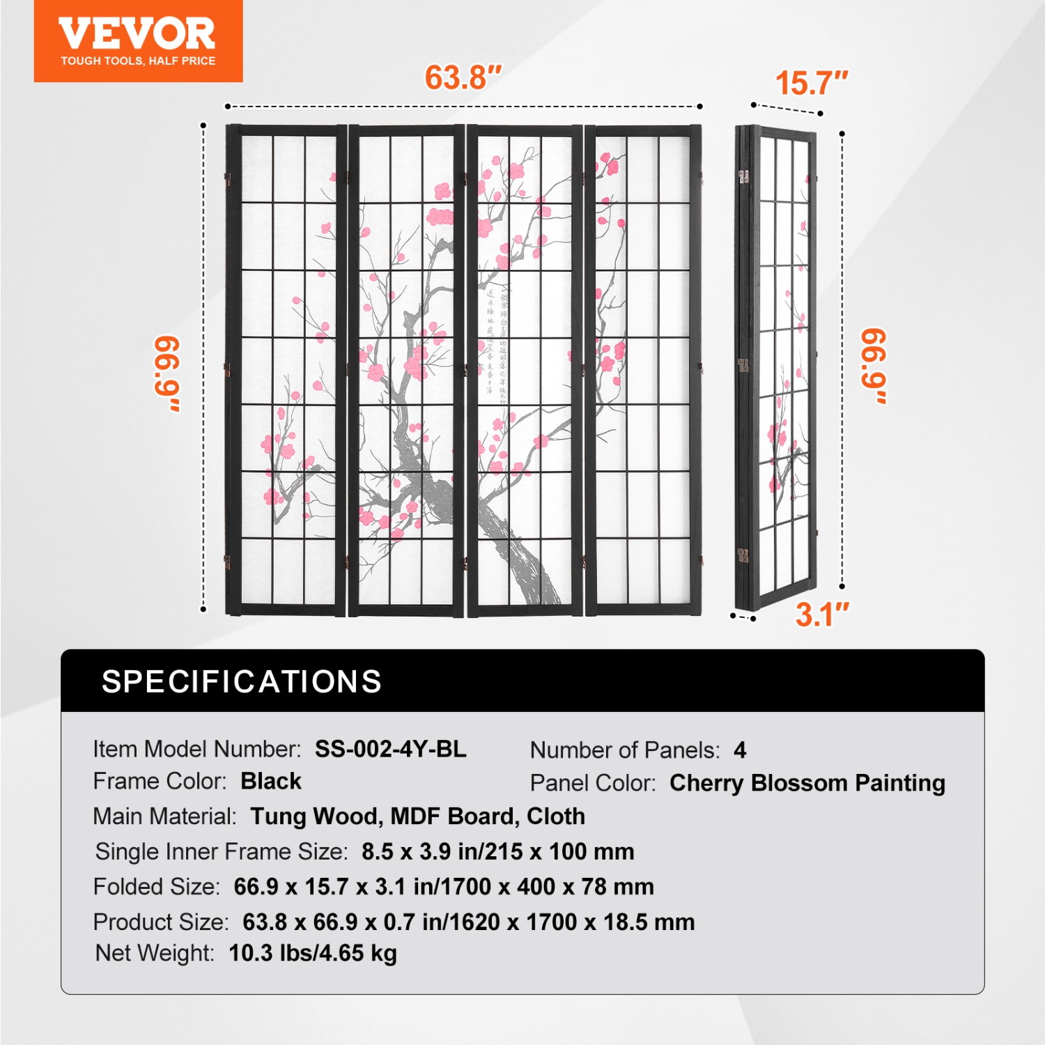 VEVOR 4 Panel Room Divider, Japanese Room Divider Screen, Wood Folding Privacy Screen Indoor, Japanese Partition Portable Decoration Dividers, for