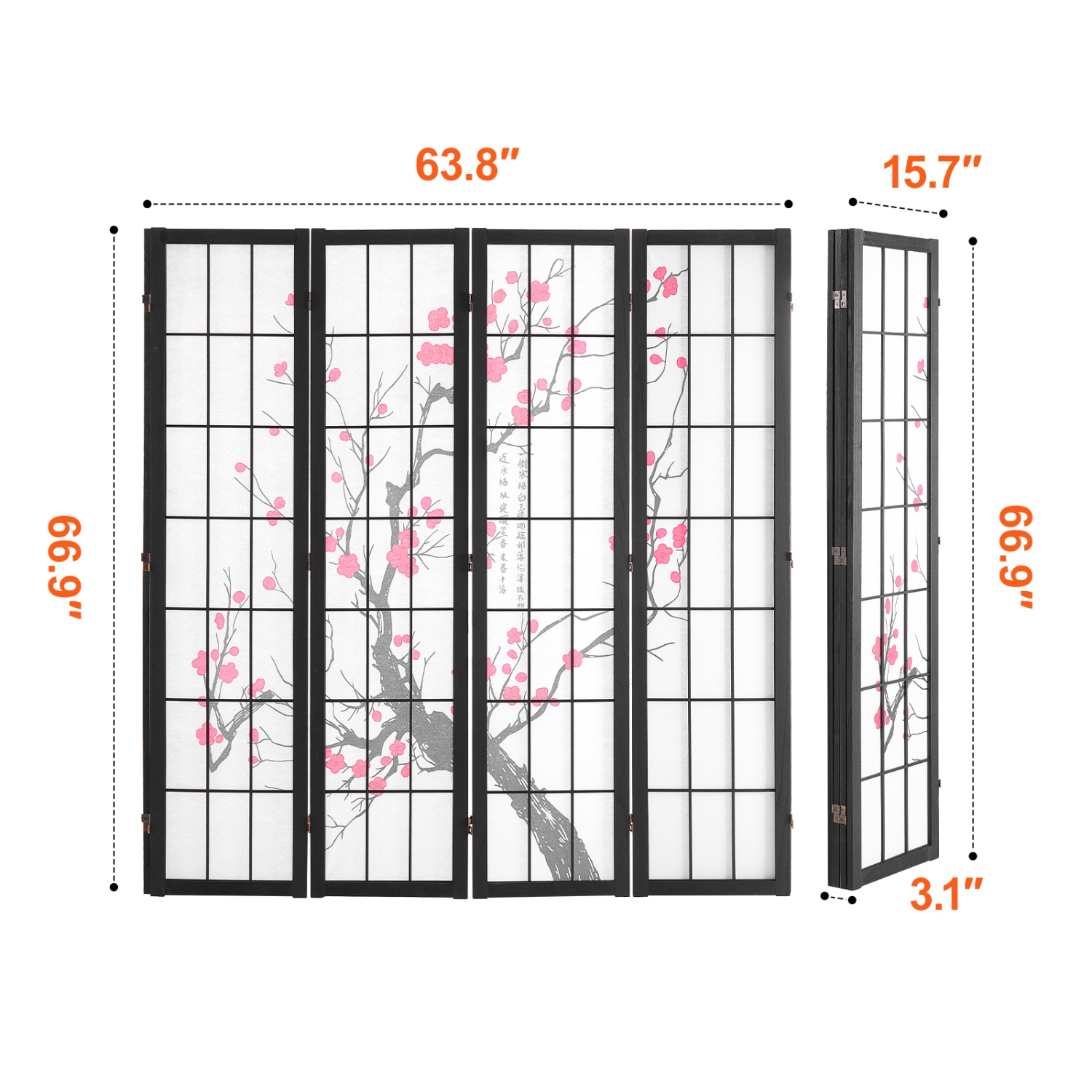 VEVOR 4 Panel Room Divider, Japanese Room Divider Screen, Wood Folding Privacy Screen Indoor, Japanese Partition Portable Decoration Dividers, for