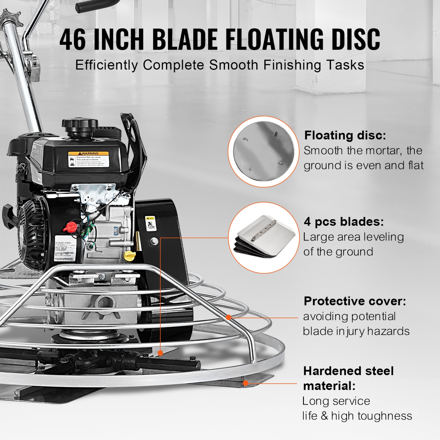 Truelle électrique VEVOR de 46&nbsp;po, truelle en ciment avec bac flottant, finition de surface en béton lisse à essence de 14&nbsp;HP, ciment en