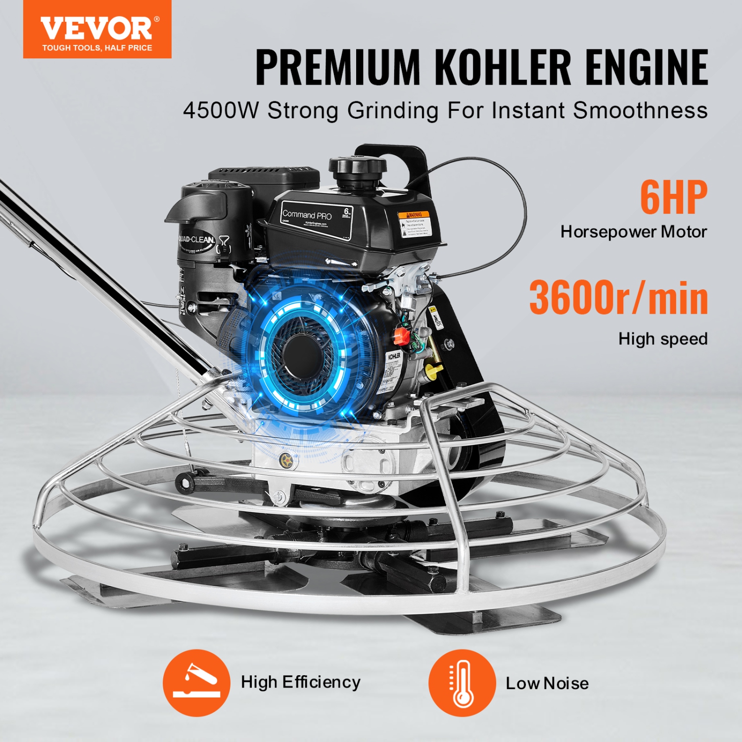 Truelle électrique VEVOR de 38&nbsp;po, truelle en ciment avec bac flottant, finition de surface en béton lisse à essence de 6&nbsp;HP, ciment en