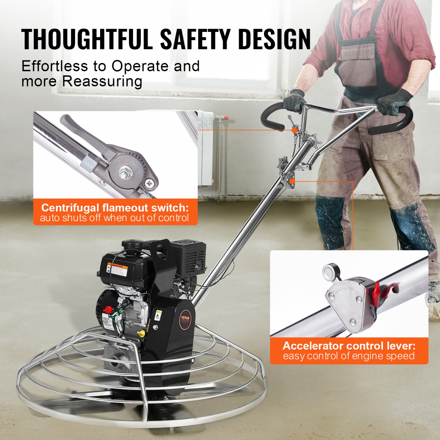 Truelle électrique VEVOR de 38&nbsp;po, truelle en ciment avec bac flottant, finition de surface en béton lisse à essence de 6&nbsp;HP, ciment en