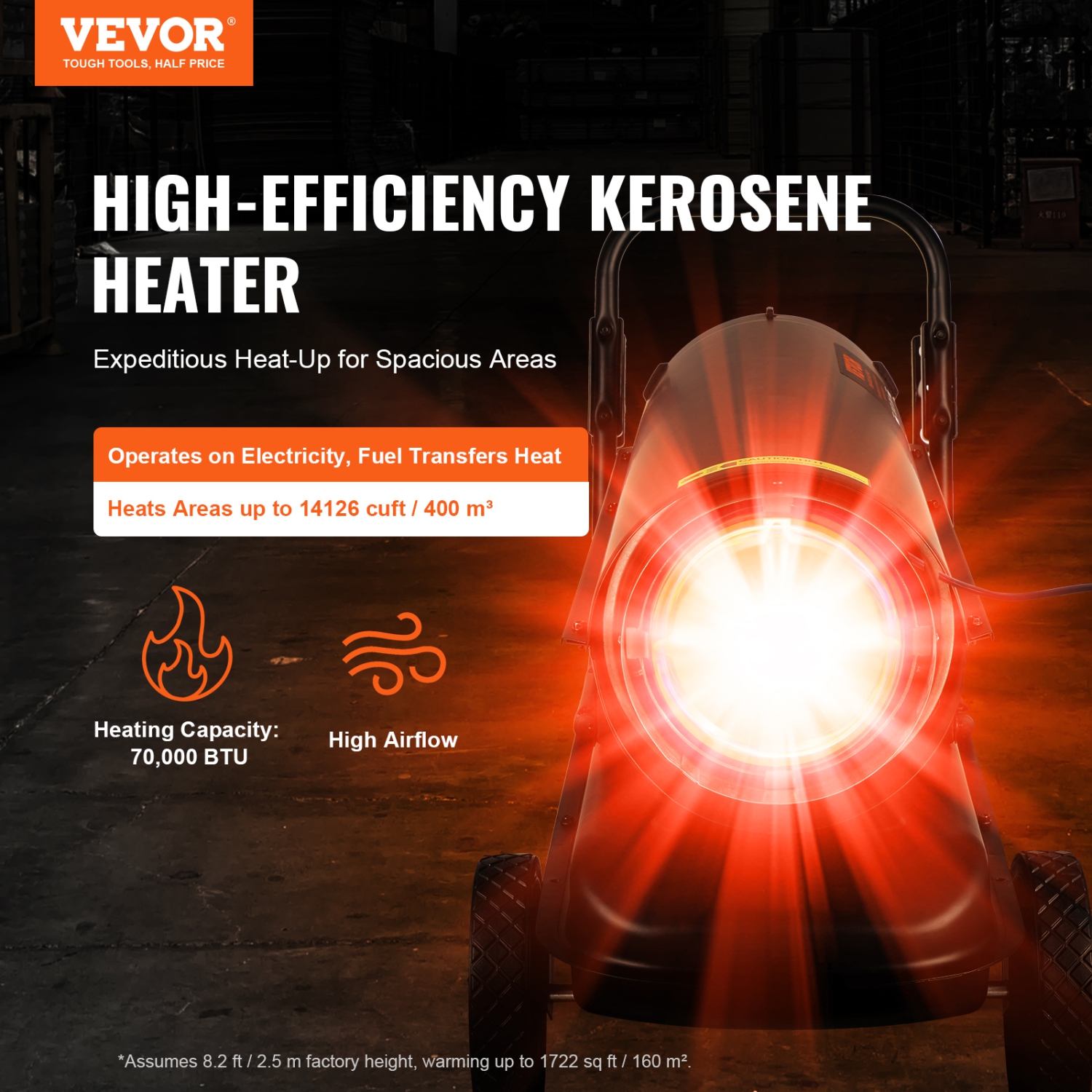 Chaufferette à air pulsé au kérosène VEVOR 70000&nbsp;BTU, radiateur portatif au diesel Torpedo avec thermostat, réservoir de 5 gallons, radiateur