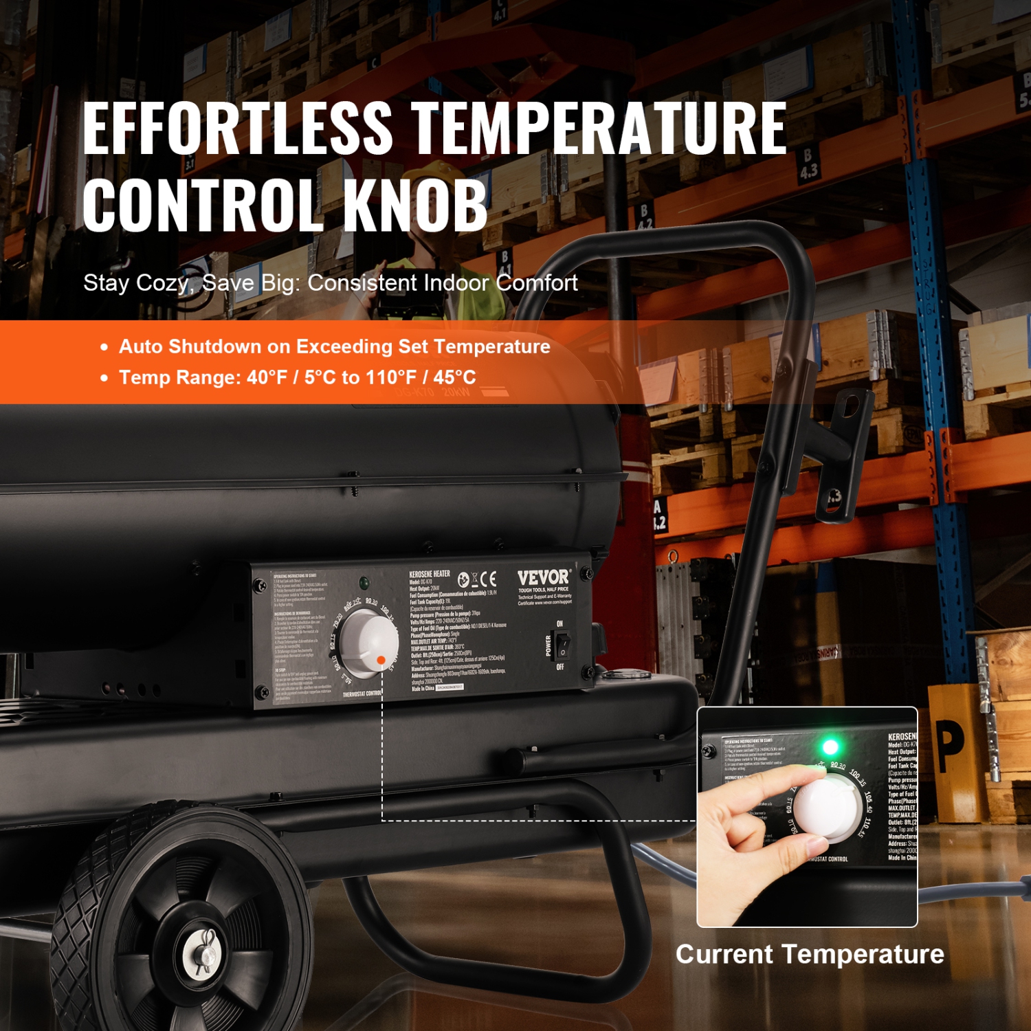Chaufferette à air pulsé au kérosène VEVOR 70000&nbsp;BTU, radiateur portatif au diesel Torpedo avec thermostat, réservoir de 5 gallons, radiateur