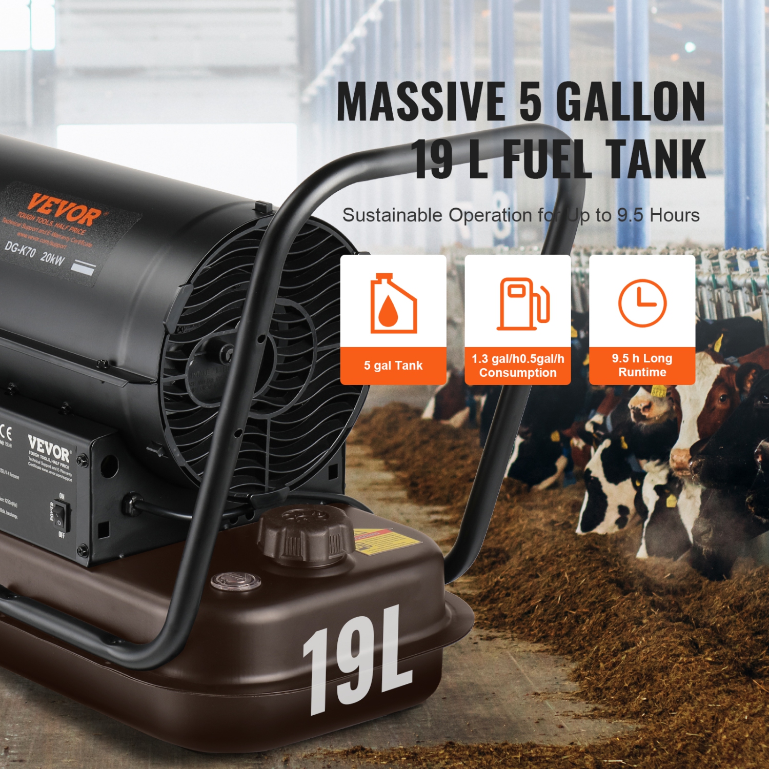 Chaufferette à air pulsé au kérosène VEVOR 70000&nbsp;BTU, radiateur portatif au diesel Torpedo avec thermostat, réservoir de 5 gallons, radiateur