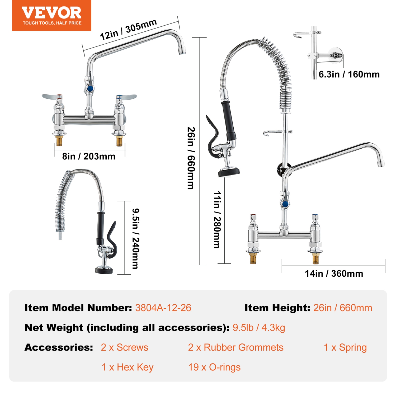 VEVOR 26" Height Commercial Faucet with Pre-Rinse Sprayer, 8" Center, 12" Swing Spout, Deck Mount Kitchen Sink Faucet, Brass Constructed Device, for