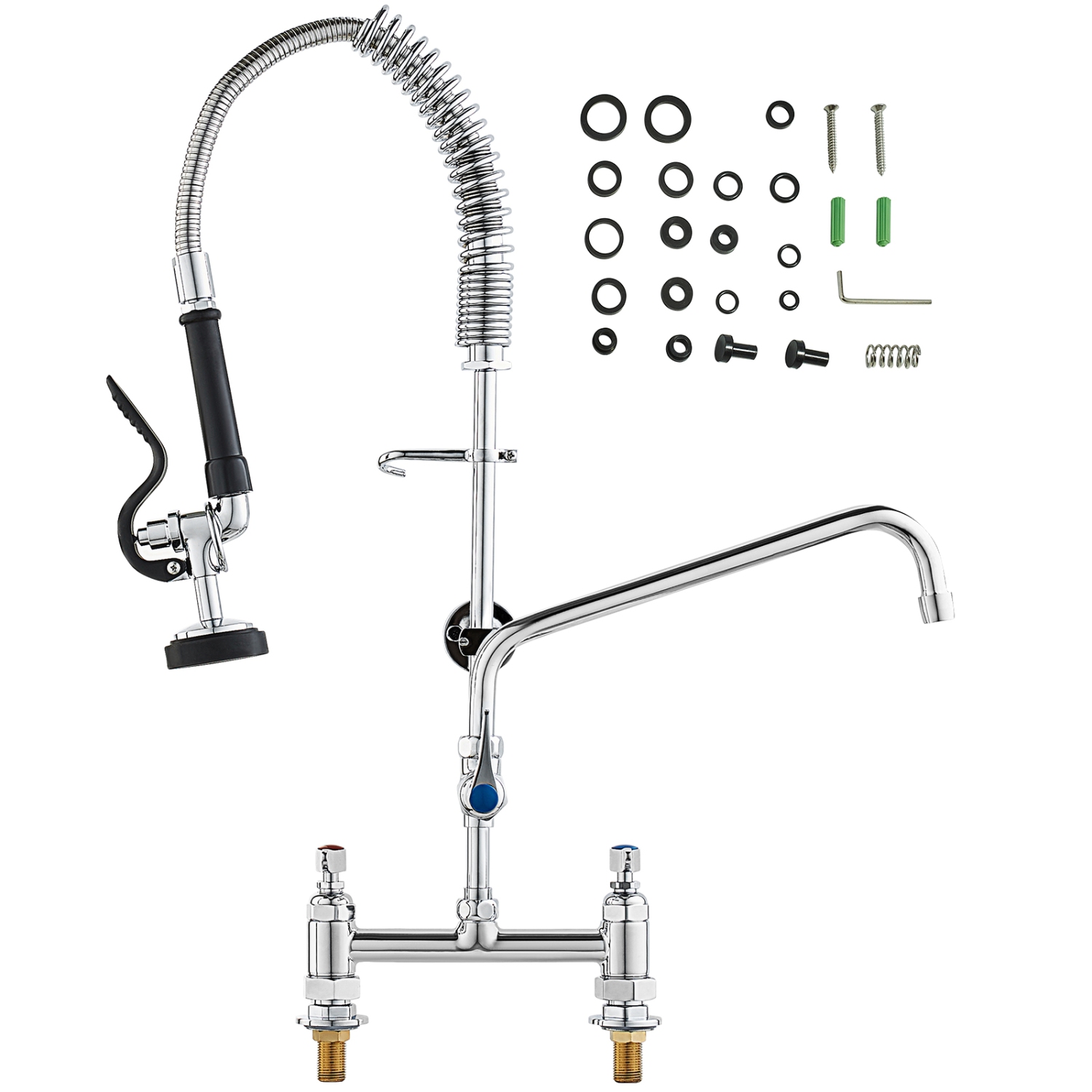 VEVOR 26" Height Commercial Faucet with Pre-Rinse Sprayer, 8" Center, 12" Swing Spout, Deck Mount Kitchen Sink Faucet, Brass Constructed Device, for