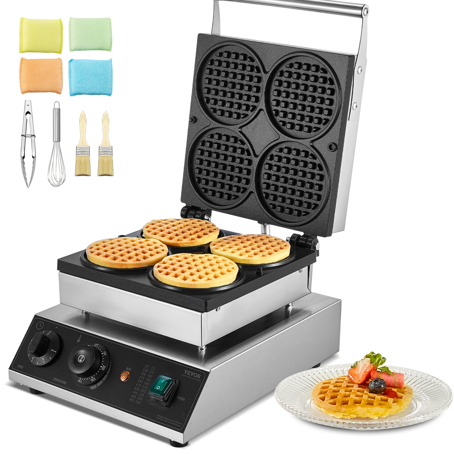 VEVOR 4PCS Commercial Waffle Maker, Round Waffle Baker Machine,1750W Non-Stick Stainless Steel Belgian Waffle Iron with Temperature and Time