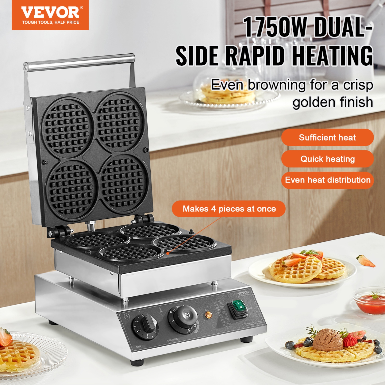 VEVOR 4PCS Commercial Waffle Maker, Round Waffle Baker Machine,1750W Non-Stick Stainless Steel Belgian Waffle Iron with Temperature and Time