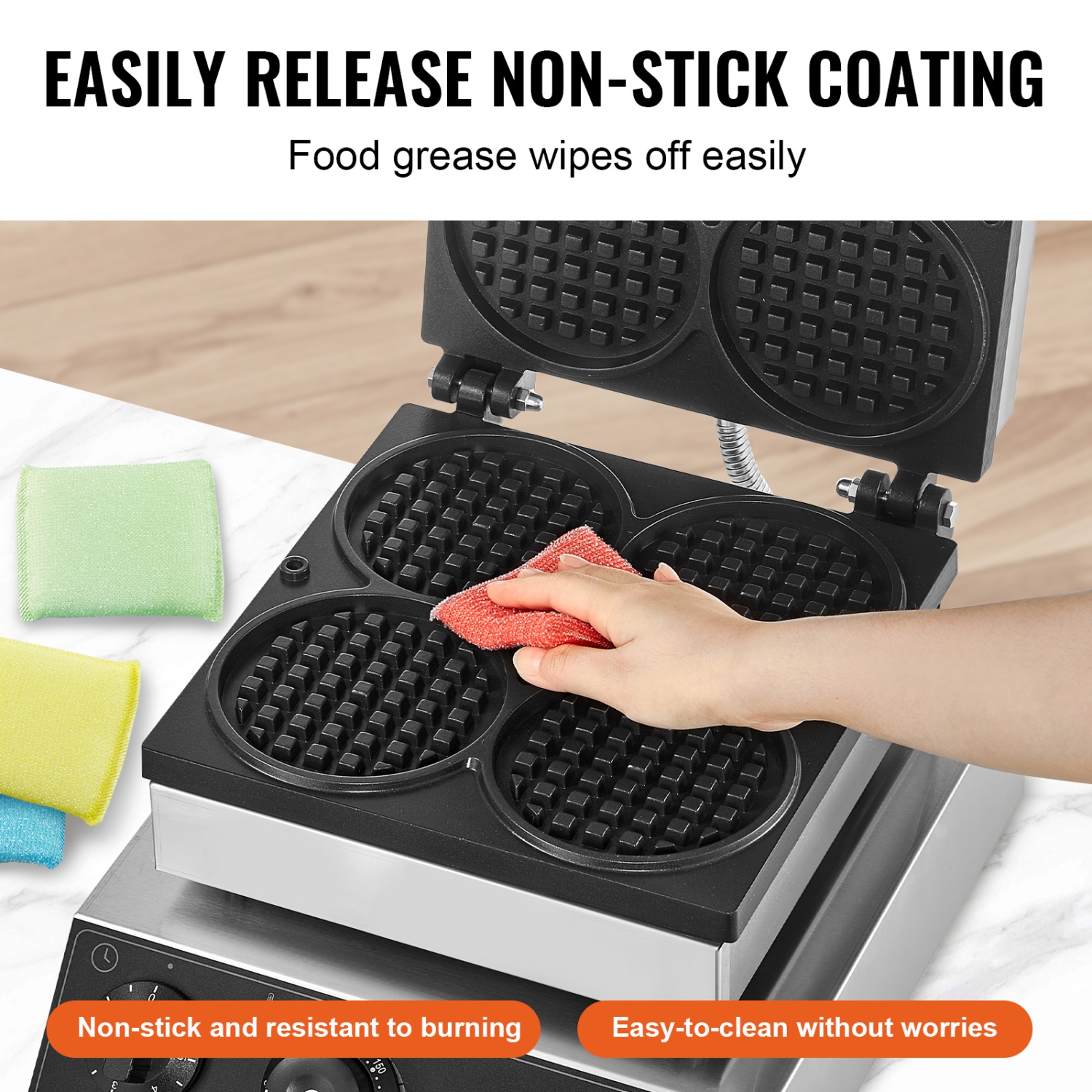 VEVOR 4PCS Commercial Waffle Maker, Round Waffle Baker Machine,1750W Non-Stick Stainless Steel Belgian Waffle Iron with Temperature and Time