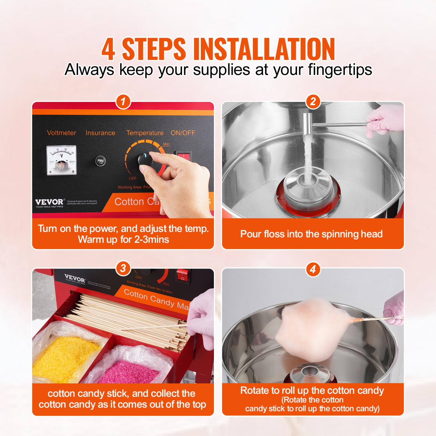 VEVOR 1000W Electric Cotton Candy Machine with Cart, Commercial Candy Floss Maker with Stainless Steel Bowl, Sugar Scoop and Drawer, Perfect for Kids