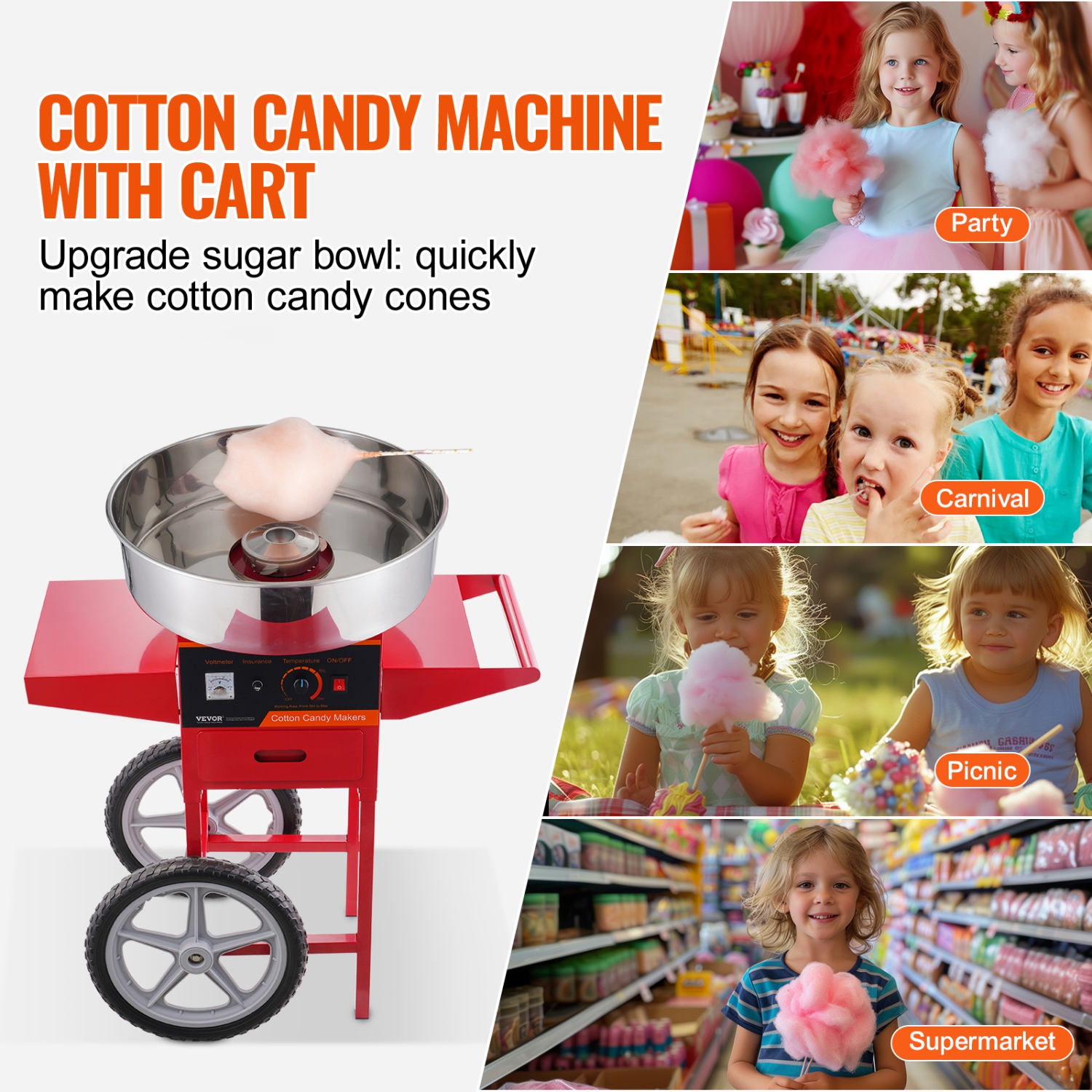 VEVOR 1000W Electric Cotton Candy Machine with Cart, Commercial Candy Floss Maker with Stainless Steel Bowl, Sugar Scoop and Drawer, Perfect for Kids
